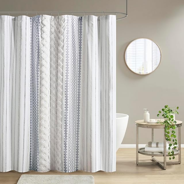 Ink+Ivy Tufted Chenille 100% Cotton Shower Curtains Machine Washable, Modern Home Bathroom Décor Bathtub Privacy Screen, 72" W x 72" L, White/Navy