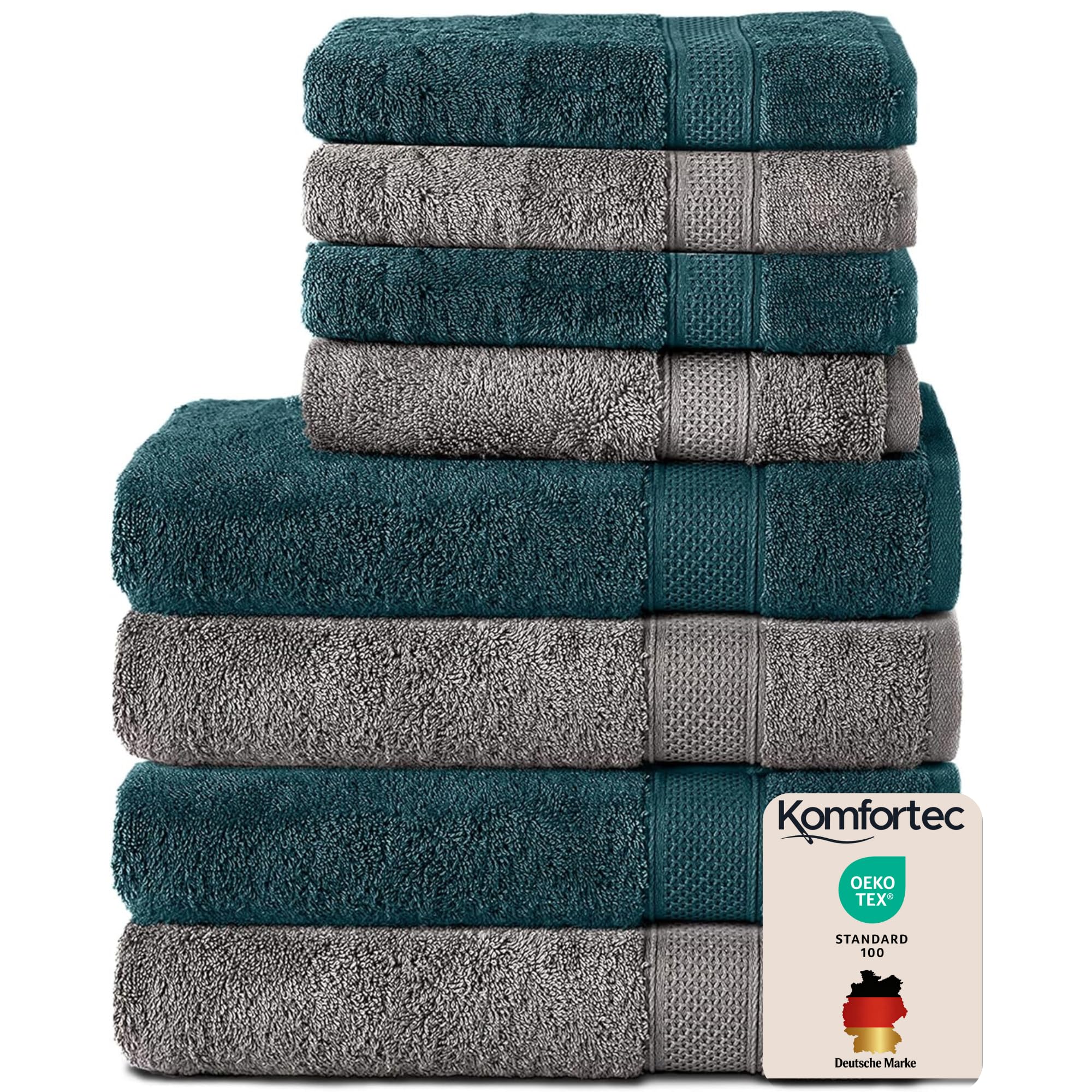 Komfortec Set of 8 Hand Towels 100% Cotton, 4 Bath Towels 70 x 140 cm and 4 Hand Towels 50 x 100 cm, Terry Clothing, Soft, Towel, Large, Anthracite Grey/Petrol