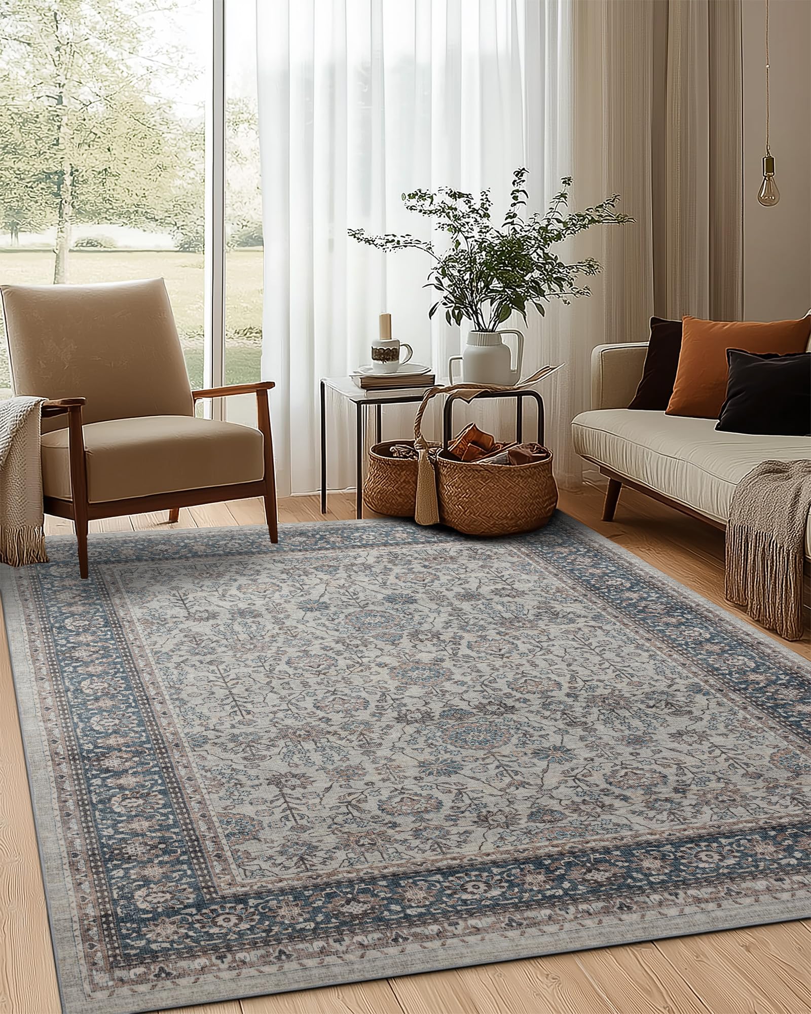 ARTWEAVER 6x9 Washable Non-Slip Area Rug for Living Room, Dining Room, Bedroom Home Office-Vintage Farmhouse Soft Non-Shedding Distressed Low Pile