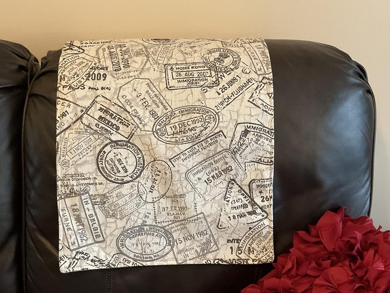 Headrest Cover.”Stamps”. Headrest Furniture Protectors,Chair Cover, Protector pad, Office Chair, Theater Chairs, recliners, Sofa, loveseats,slipcover. 17x27. by: Bittlemen Co.