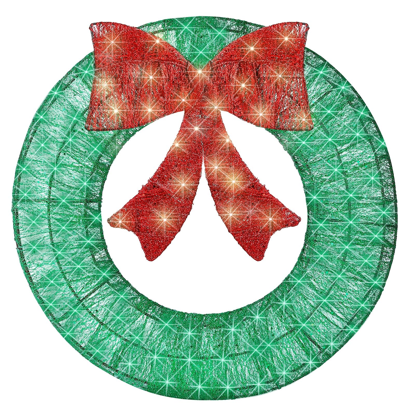 Doyosh Artificial Pre-Lit Outdoor Christmas Wreath Decoration, 20in Metal w/ 100 LED Lights Holiday Decor for Home/Outside Exterior, Halloween/Christmas Collection with Bow, PVC Tips - Green