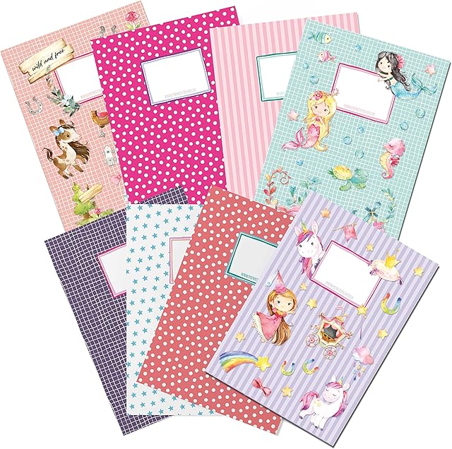 Papierdrachen 8 wysokiej jakości okładek na zeszyty z papieru dla dzieci | DIN A4 | motyw podwodny i jednorożec okładka na zeszyt 250 g/m² zestaw nr 4