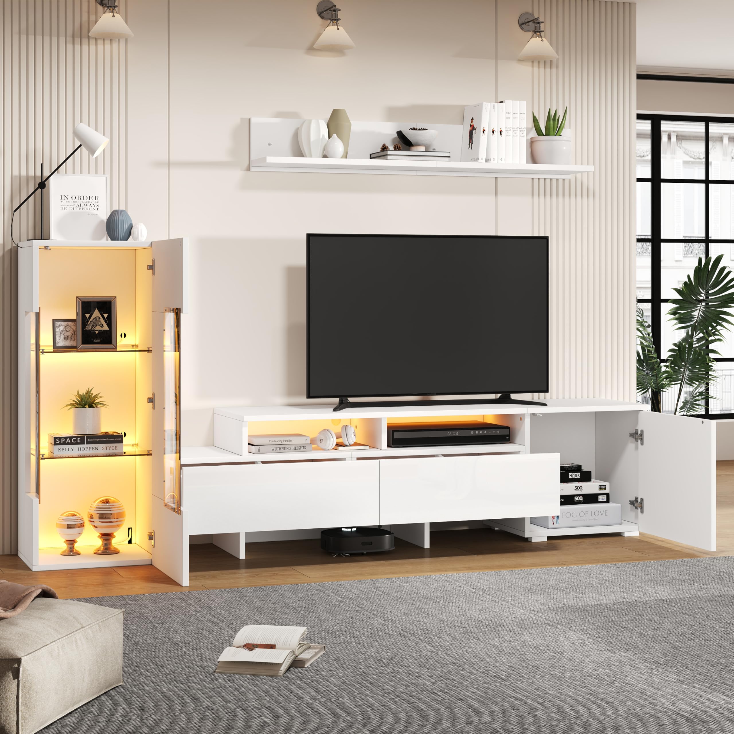 Kebnor TV Wohnwand Set 3-teilig, Hochglanz TV Wohnzimmermöbel-Set mit LED, modernes TV-Schrank,stehend und hängend, Acryl-Schranktüren, Glastrennwand, Weiß, TV bis 70' (Weiß 2)