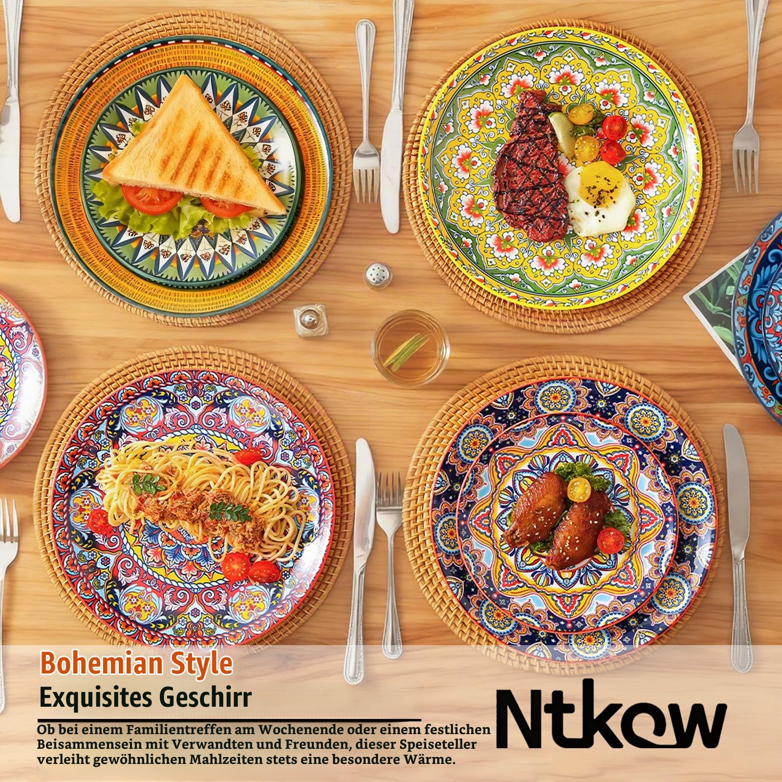 12-Piece Ceramic Plate Set, 10" & 8" Plates, Bohemian Style, for 6 People, Ideal for Gatherings & Festivals, Microwave & Dishwasher Safe, Scratch Resistant
