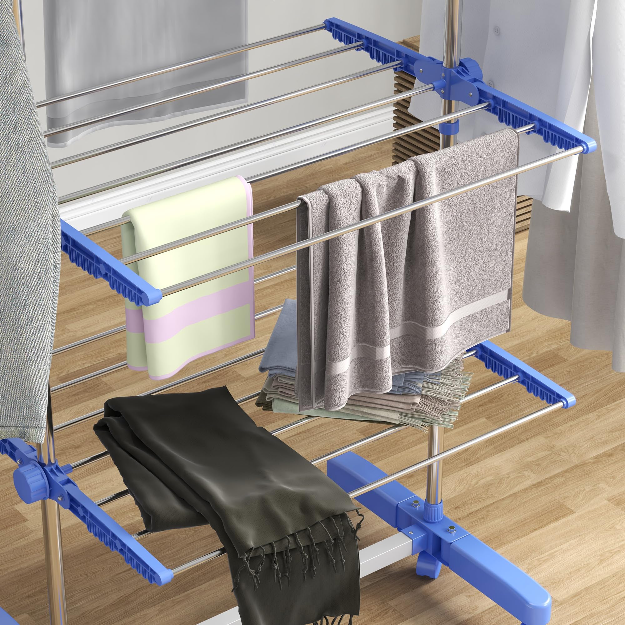 Homcom Wäscheständer Turm Standtrockner mit 4 Ebenen 142x55x172 cm Blau 142L – Bild 9