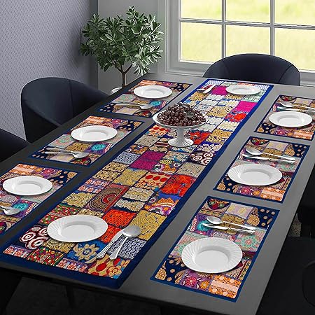 Handicraft Bazarr Dining Mats Runner Set Cotton Placemats Patchwork Embroidered Table Mat Bohemian 6 Pcs Table Cloth 1 Pcs Runner Table Mat & Table Runner Combo| Blue Color