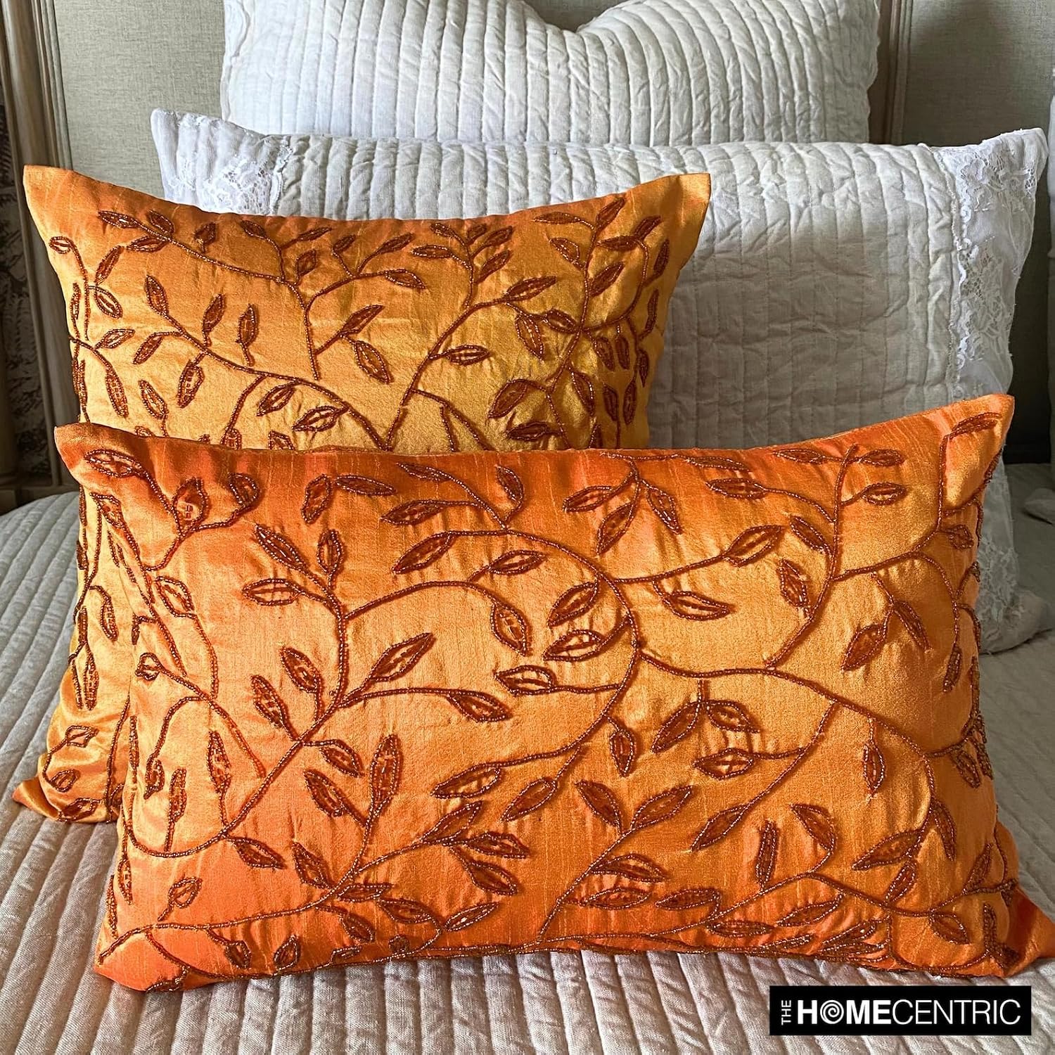 The HomeCentric Cushion Covers for Couch, Orange European Pillow Covers 26x26 inch (65x65 cm) Silk Euro Shams, Nature & Floral, Leaf, Beaded, Modern Euro Sham Covers Easter - Citrus