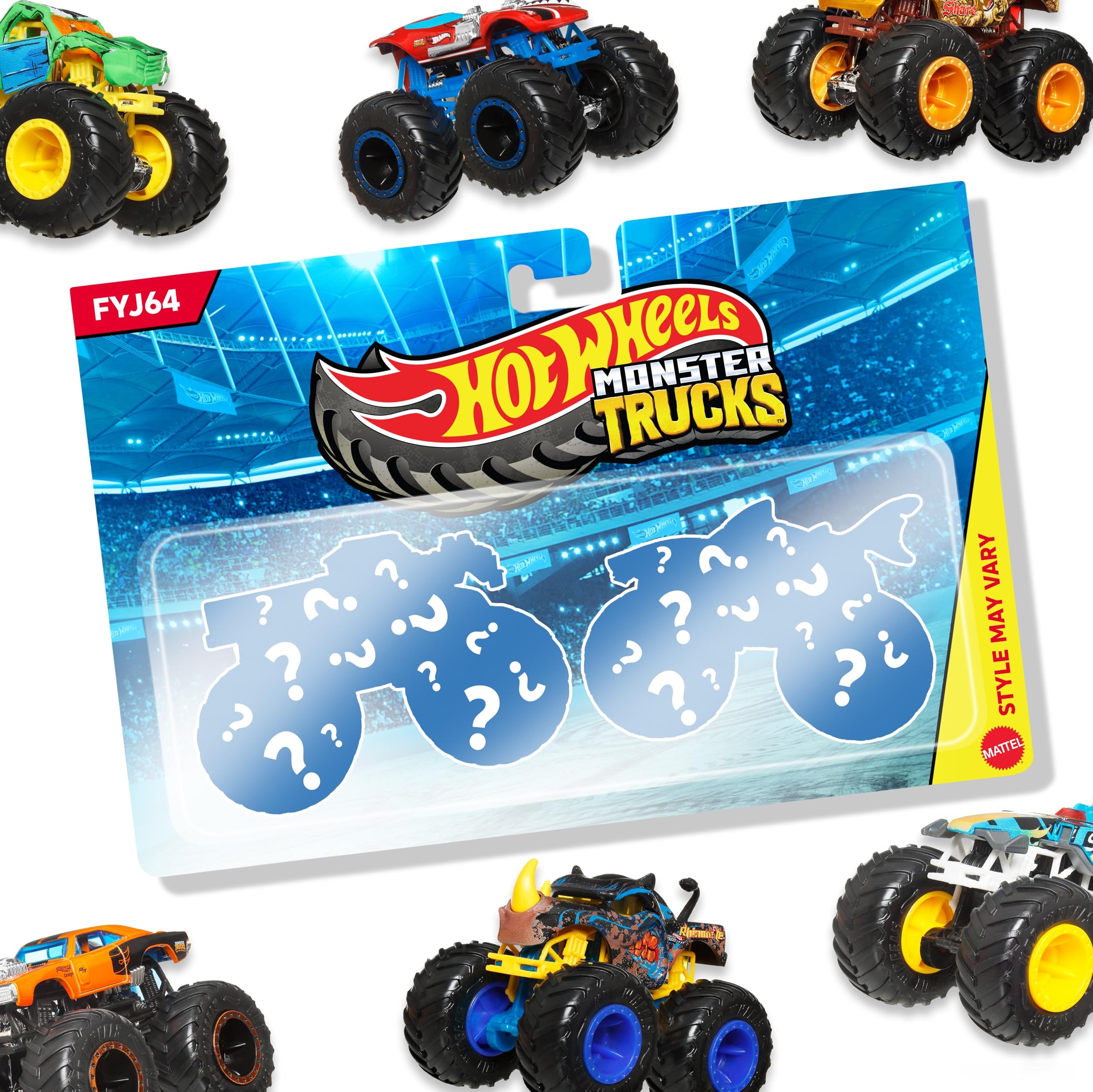Monster Trucks 2-Pack (Assorted Styles, One Random Set), Demolition Doubles Set of 2 Toy Vehicles in 1:64 Scale, For Kids & Collectors, FYJ64