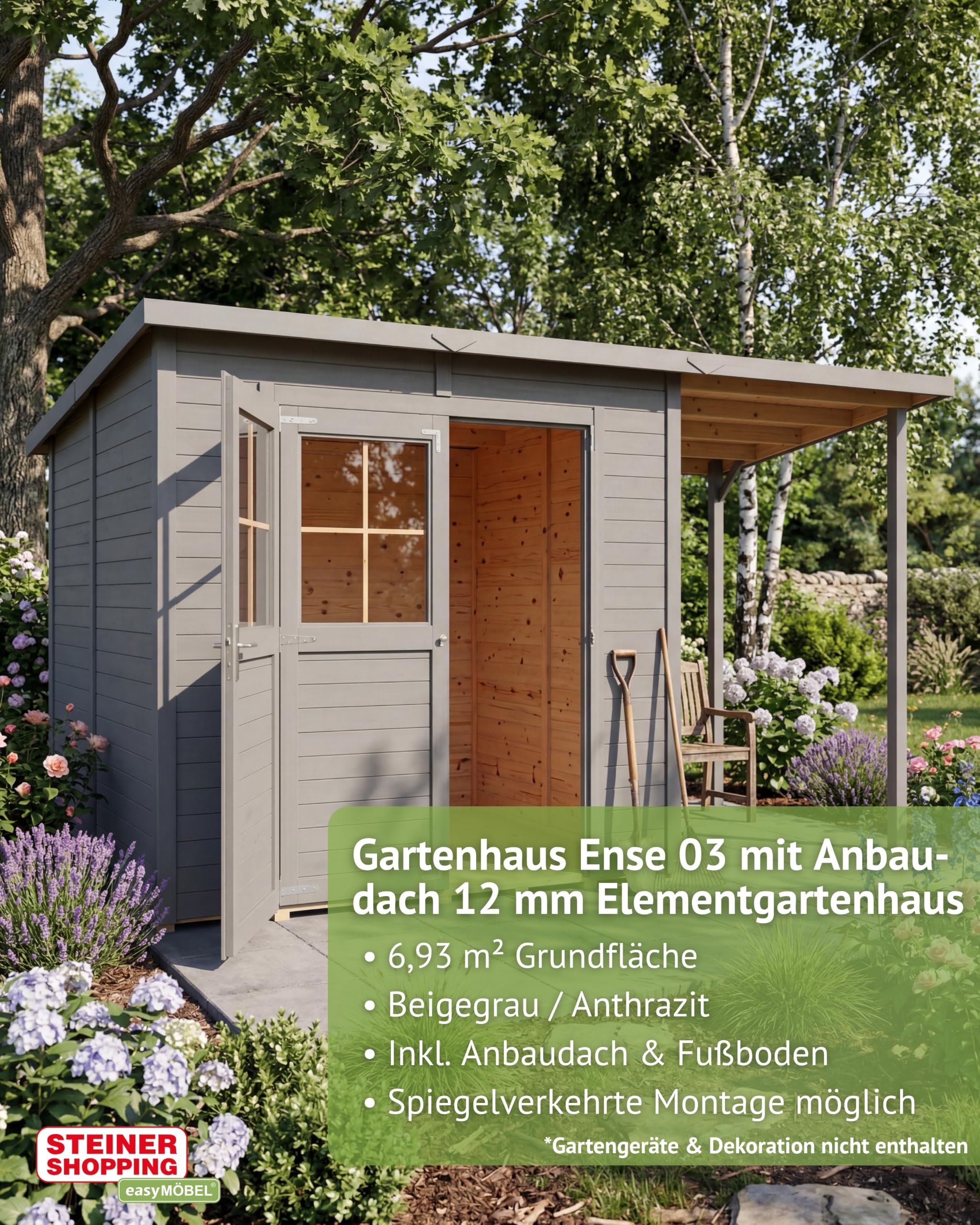 Steiner Shopping Gartenhaus Ense 03 | 12 mm Elementgartenhaus aus nordischer Fichte I Außenmaß 395 x 200 cm I Mit Anbaudach, Fußboden & Pultdach