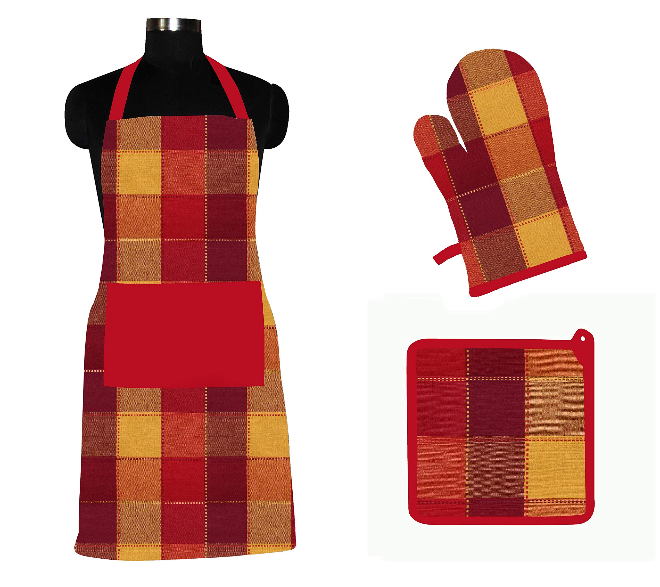 AIRWILL © Cotton Designer Pattern with High-Quality Heat Resistant Kitchen Linen Set (1 Apron, 1 Oven Mitt, 1 Pot Holder) (Red, Orange)