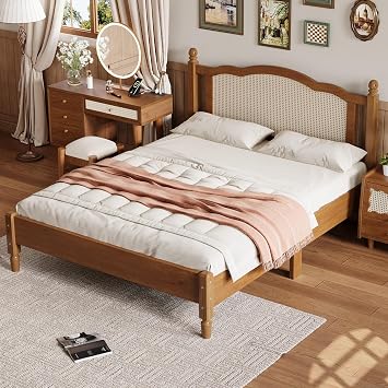 Bohemian Queen Bed Frame - Rattan Headboard, Arc Design, Wooden Slat Support, Wicker Bed Frame for Bedroom (Walnut)