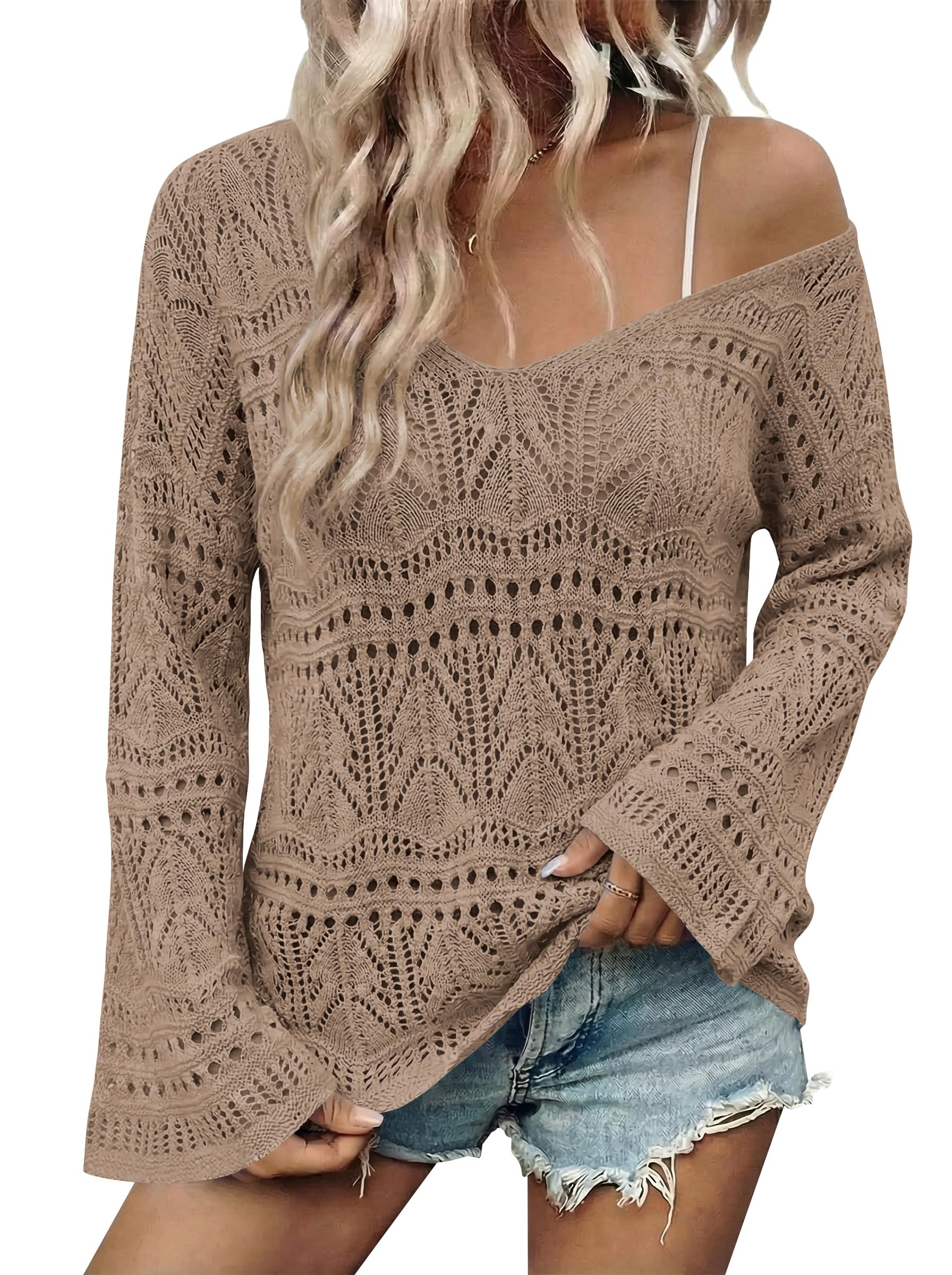 Cakulo Womens Summer Crochet Tops Boho Off Shoulder Sweaters Lightweight V Neck Loose Vacation Resort Wear 2026