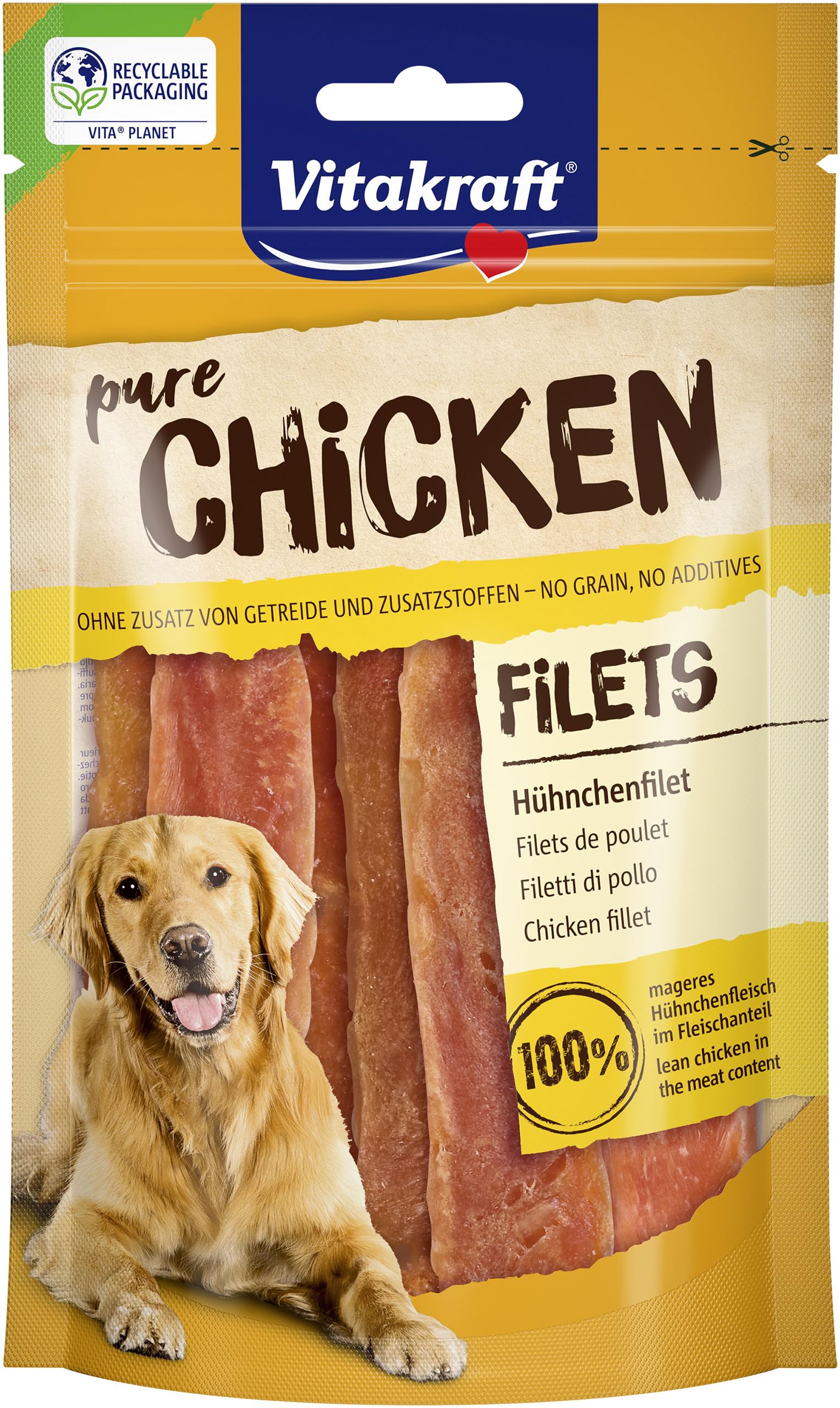 VITAKRAFT- Pure Chicken Filets, Friandises pour Chiens, Filets De Poulet, Friandises D’Entraînement, sans Sucre Ajouté (1X 80G)