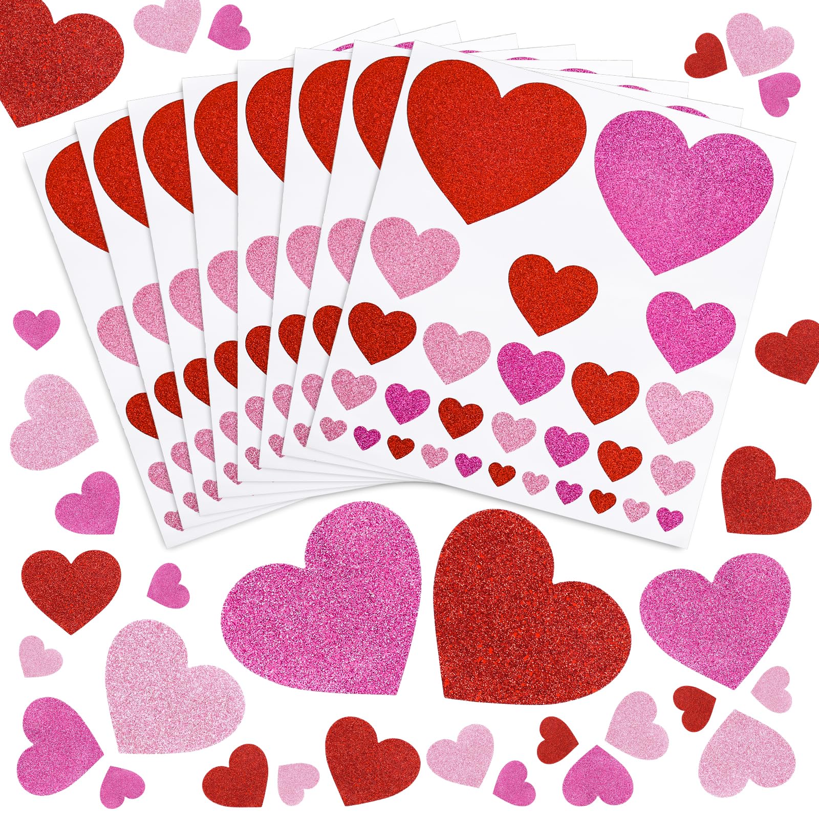 Whaline Valentine Glitter Heart Stickers 3 Colors Adhesive Decals Red Pink Daily Decorative Assorted Size Envelopes Stickers for Wedding Holiday Graduation Birthday Party Supplies, 10 Sheets