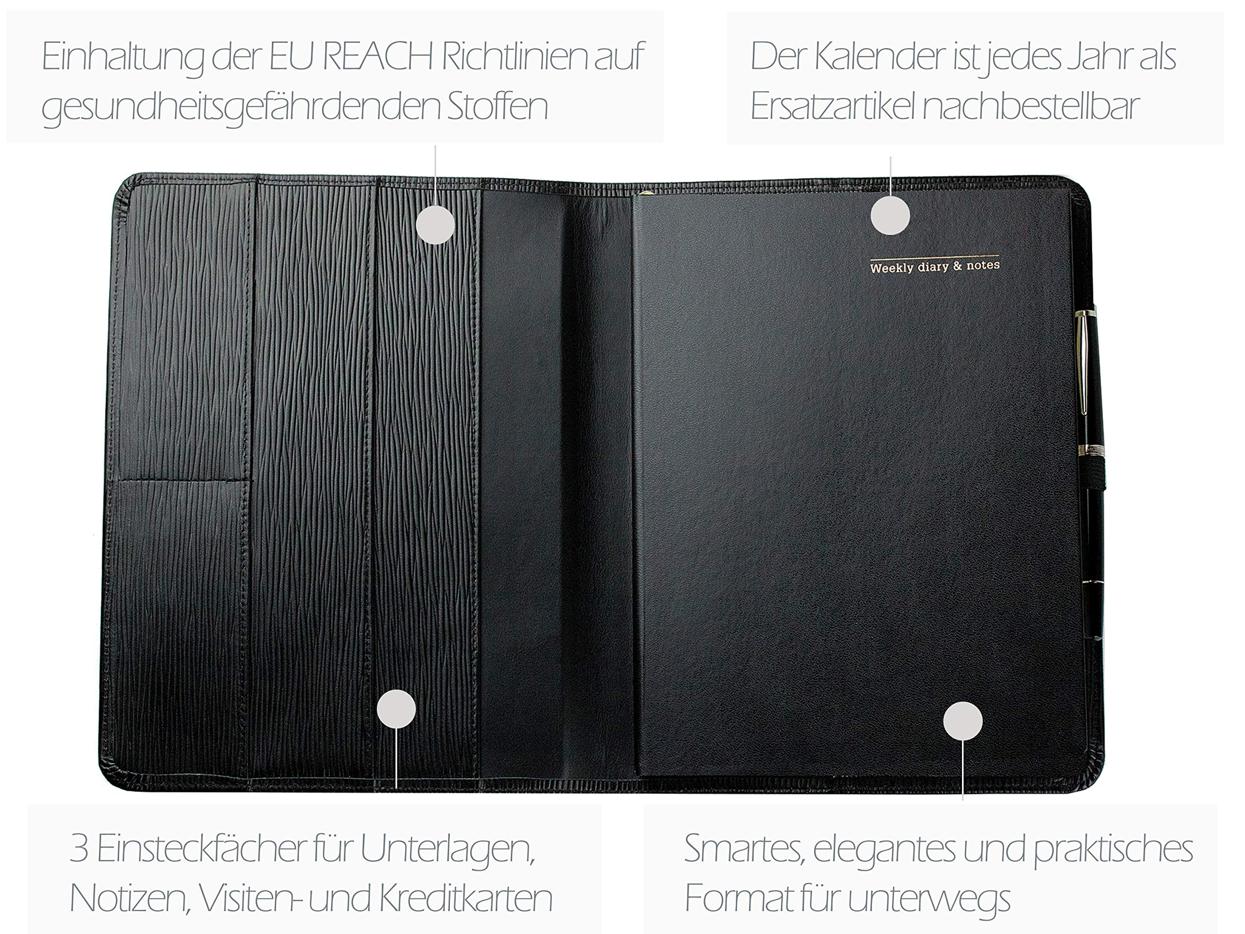 DELMON VARONE - Personalisierbares Kalenderbuch 2027 DIN B5 Manhattan Leder schwarz - Organizer Familienplaner (1 Woche 1 Seite) - Buch-Kalender Ledereinband - Notizbuch Planer Stiftschlaufe