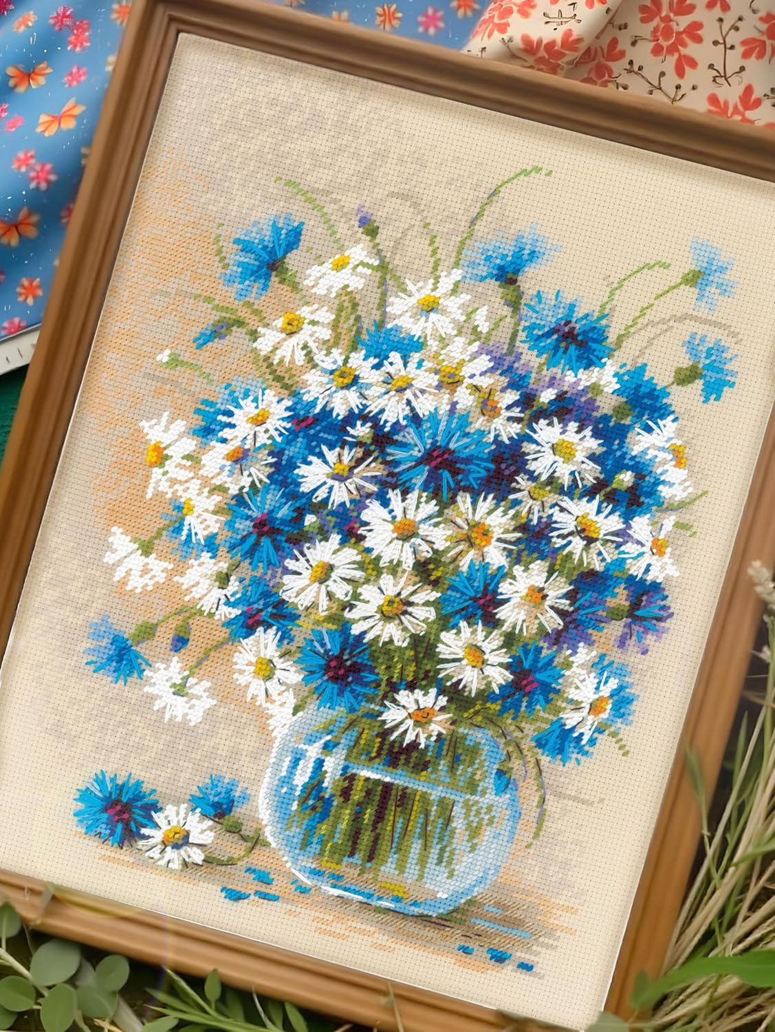 RIOLIS - Daisies and Cornflowers 2249, Floral Cross Stitch Kits 9½"x11¾, Cross Stitch Kits for Beginners & Advanced, Crossstitching Kits Adult, Counted Stitching Kits, Embroidery Kit