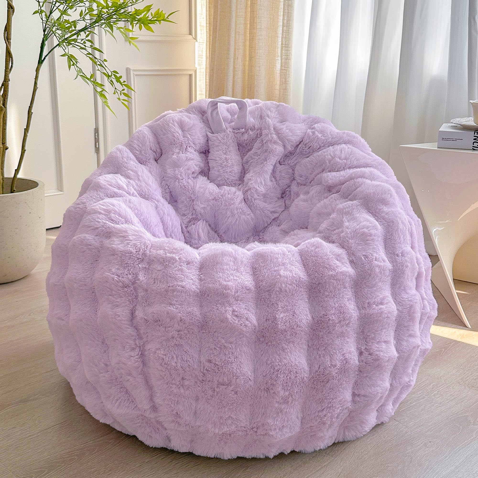 Photo 1 of ***COVER ONLY***LIFEREVO Kids Fluffy Faux Rabbit Fur Bean Bag Cover (No Filler), Soft Fuzzy Stuffed Animal Storage Bubble Waffle Bean Bag for Plush Toys, Comfy Shaggy Furry Beanbag Cover Kids Girls Adults, Lavender***COVER ONLY***