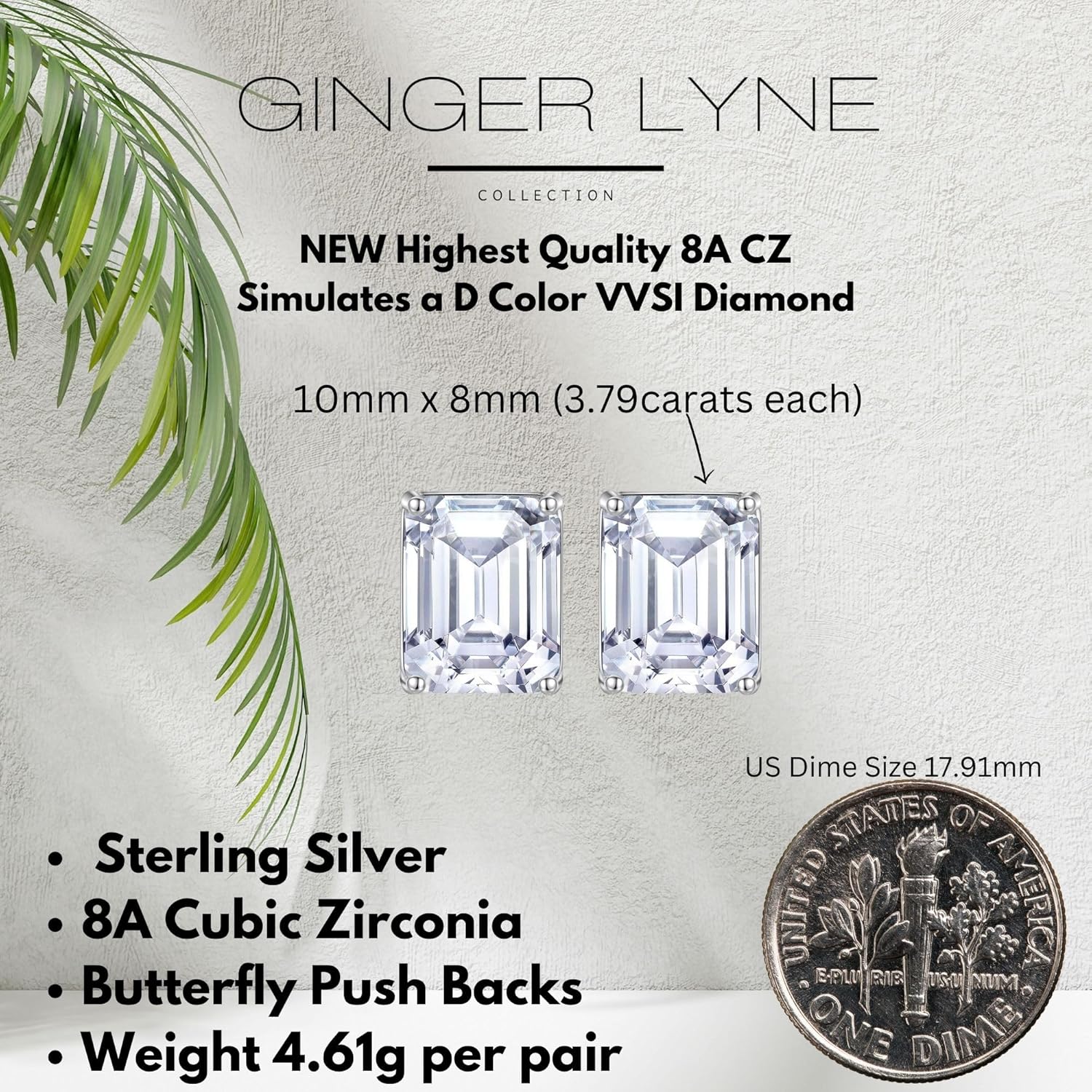 Faux Diamond Stud Earrings For Women 14k White Gold Plated Sterling Silver Cubic Zirconia Earring Studs for Men by Ginger Lyne 10mm 7.5 ct Emerald Cut Small Pierced Minimalist Jewelry - Image 5