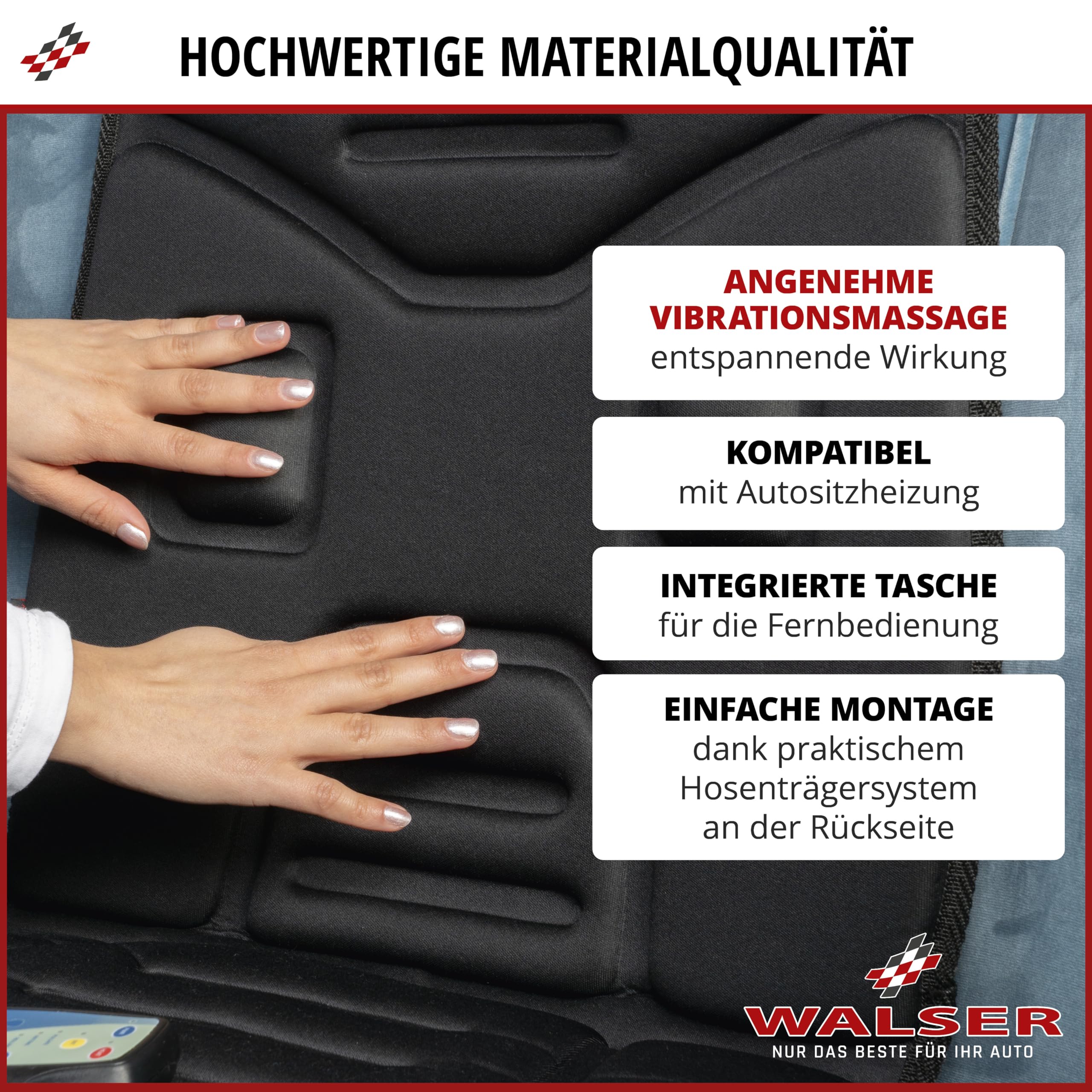 WALSER Massage Sitzauflage Auto Relax Drive, PKW Massagesitzauflage, Massagesitzauflage mit 5 Massage Programmen, Rückenmassagegerät Auto, Massageauflage für den Rücken, Massagegerät Autositz