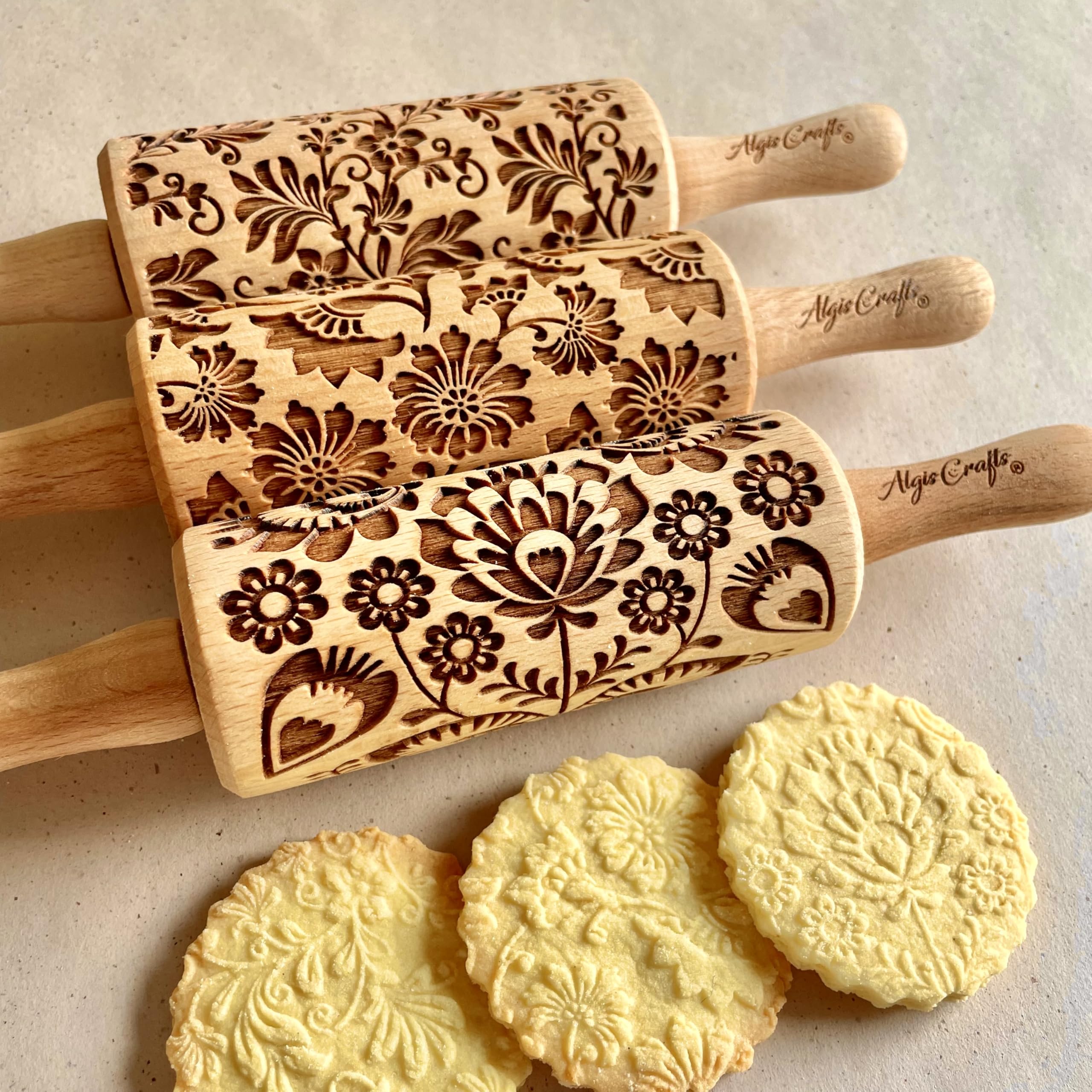 FLEUR ensemble de 3 rouleaux à pâtisserie gravé pour vous | Rouleau Pâtisserie en Relief pour DIY Faire | pour la décoration de biscuits | par Algis Crafts
