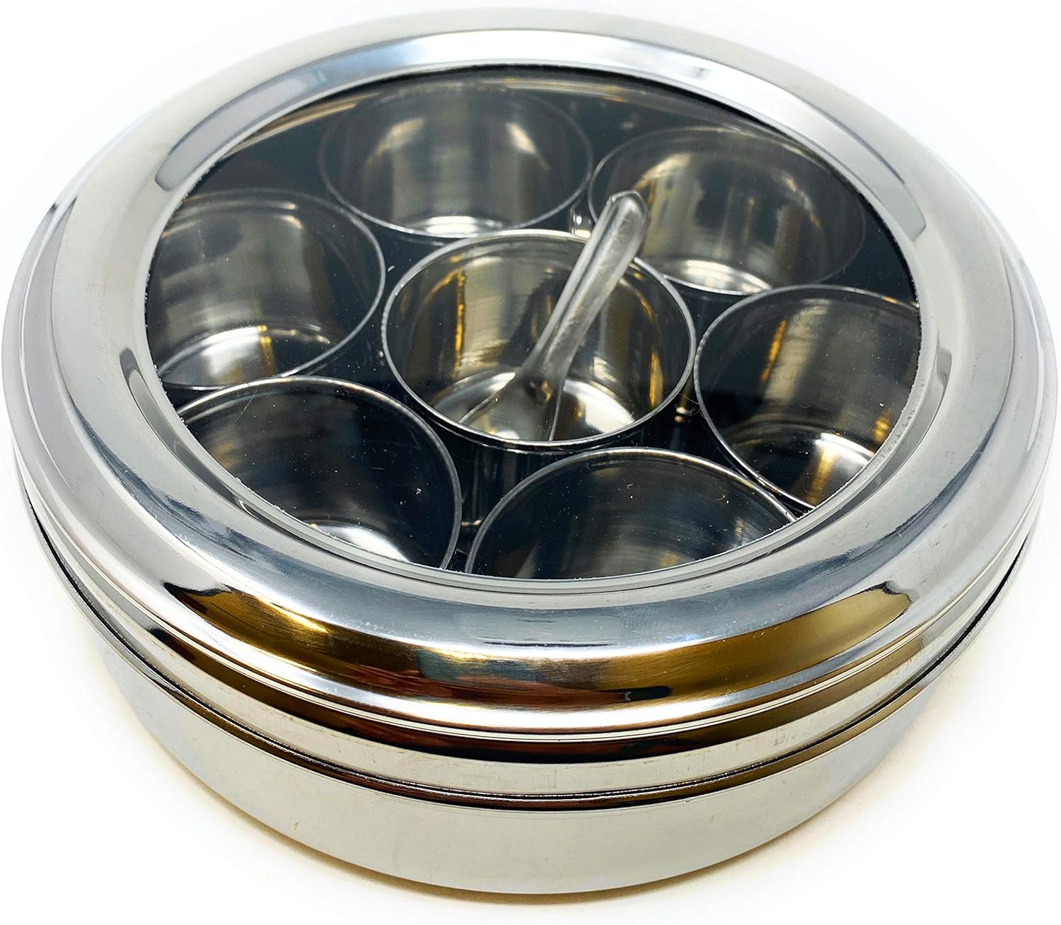 Rani Spice Box (7.5in x 2.8in) Stainless Steel Transparent Round Storage For Spices (Masala Dabba) 7 Compartments, with spoon ~ Packed in an attractive box, perfect for gifts! - Image 4