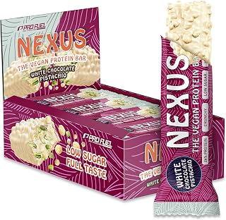 Protein Riegel Vegan WHITE CHOCOLATE PISTACHIO 12x NEXUS Protein Bar - unglaublich lecker & cremig - 26% Protein - nur 115 kcal - ohne Zucker-Zusatz - high Fiber - perfekt als Protein-Snack - 12x30g