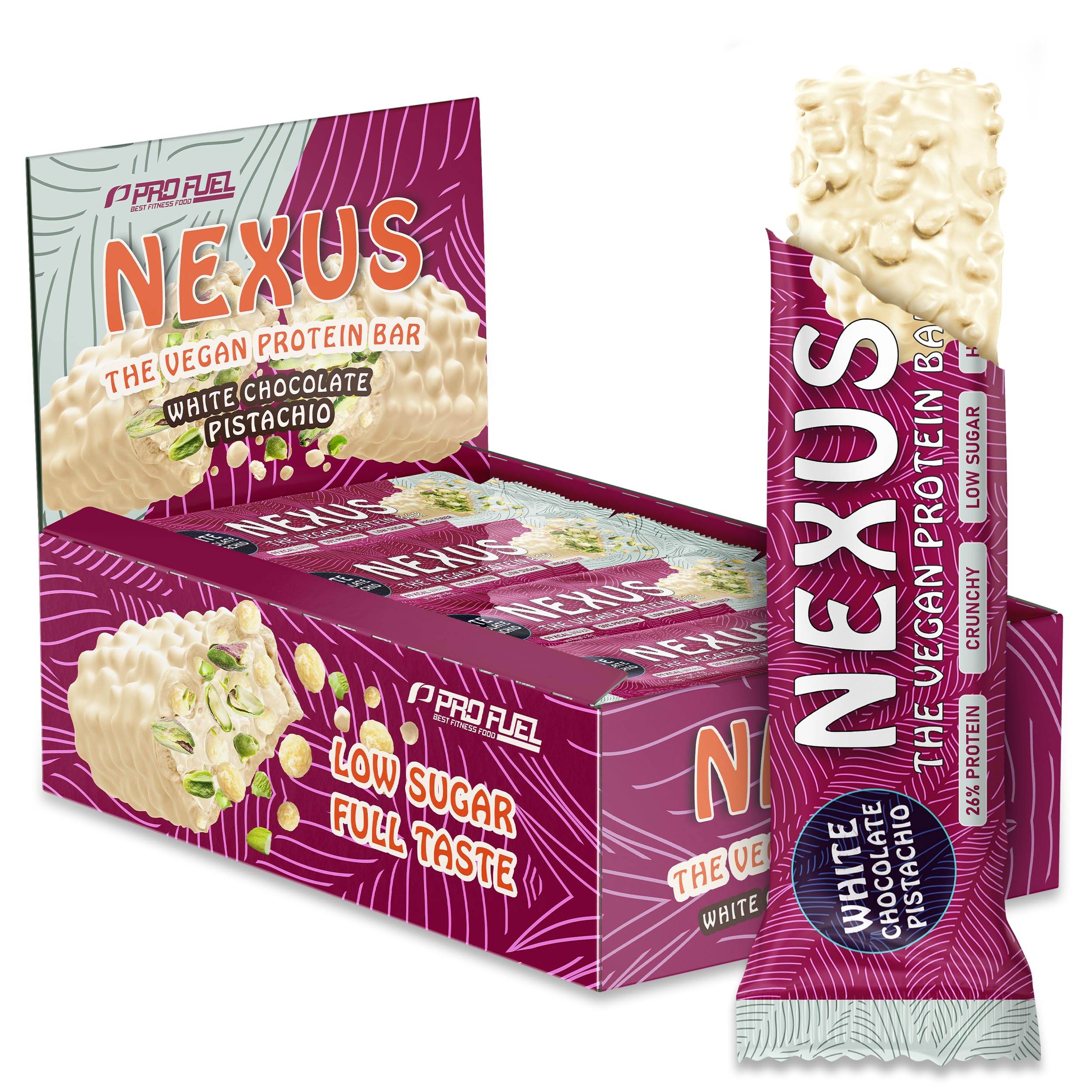 Protein Riegel Vegan WHITE CHOCOLATE PISTACHIO 12x NEXUS Protein Bar - unglaublich lecker & cremig - 26% Protein - nur 115 kcal - ohne Zucker-Zusatz - high Fiber - perfekt als Protein-Snack - 12x30g
