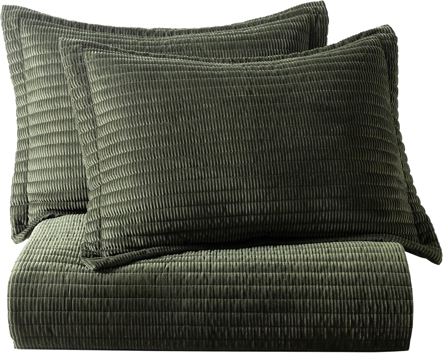 WDCOZY Velvet King Size Quilt Set - Olive Green Striped Soft Lightweight Bedspread, Dark Green Neutral Ribbed Farmhouse Country Rustic Coverlet, Modern Bedding Warm Thin Comforter, 3 Pieces - Image 7
