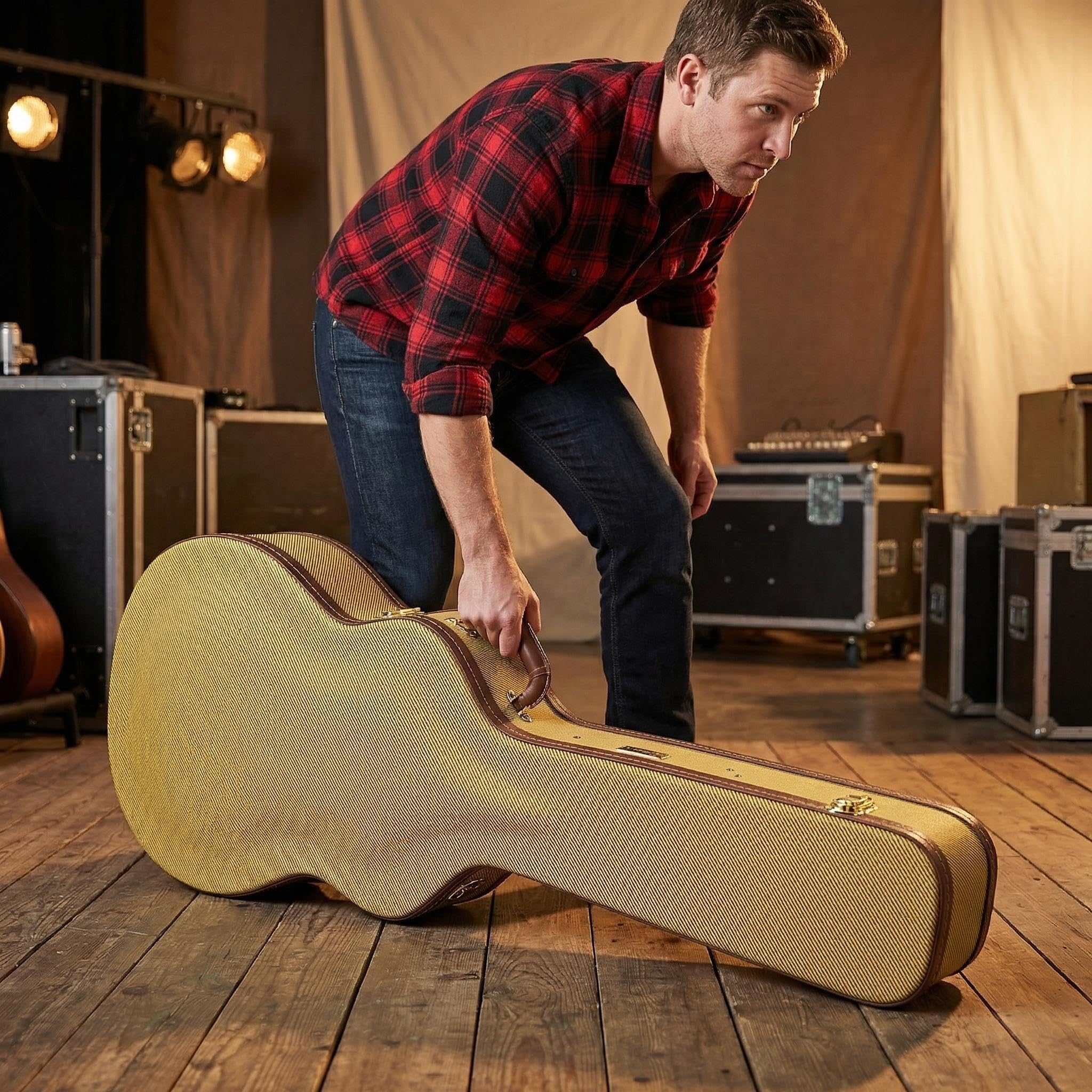 Crossrock Custodia in legno arcuata per chitarra elettrica 335 semi-hollow | Finitura vinile Tweed, serrature in acciaio, struttura imbottita – Coperchio bombato