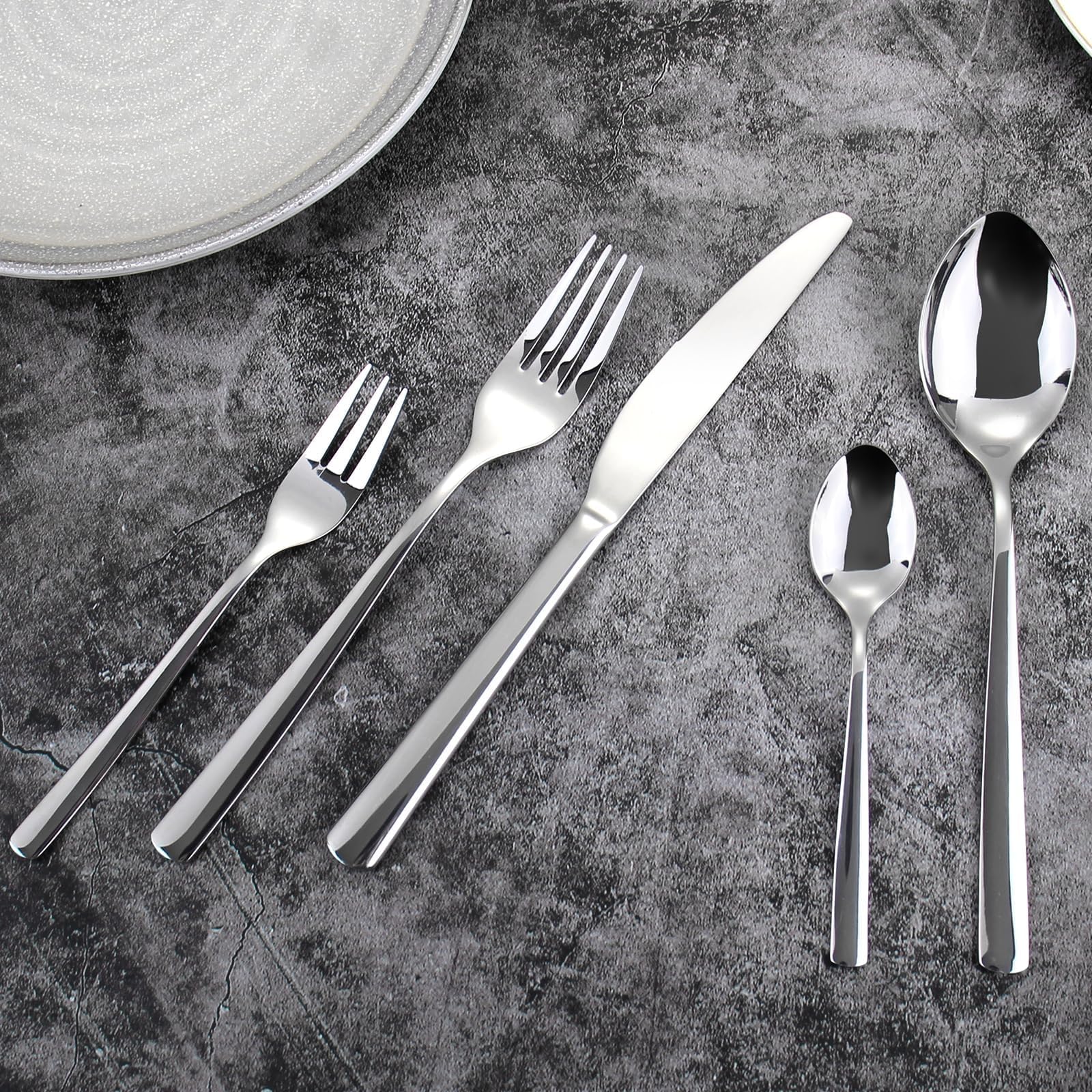 Juego de cubiertos para 6 personas, 30 piezas de acero inoxidable, juego de cubertería plateado, elegante acero inoxidable con cuchillo, tenedor, cuchara y apto para lavavajillas
