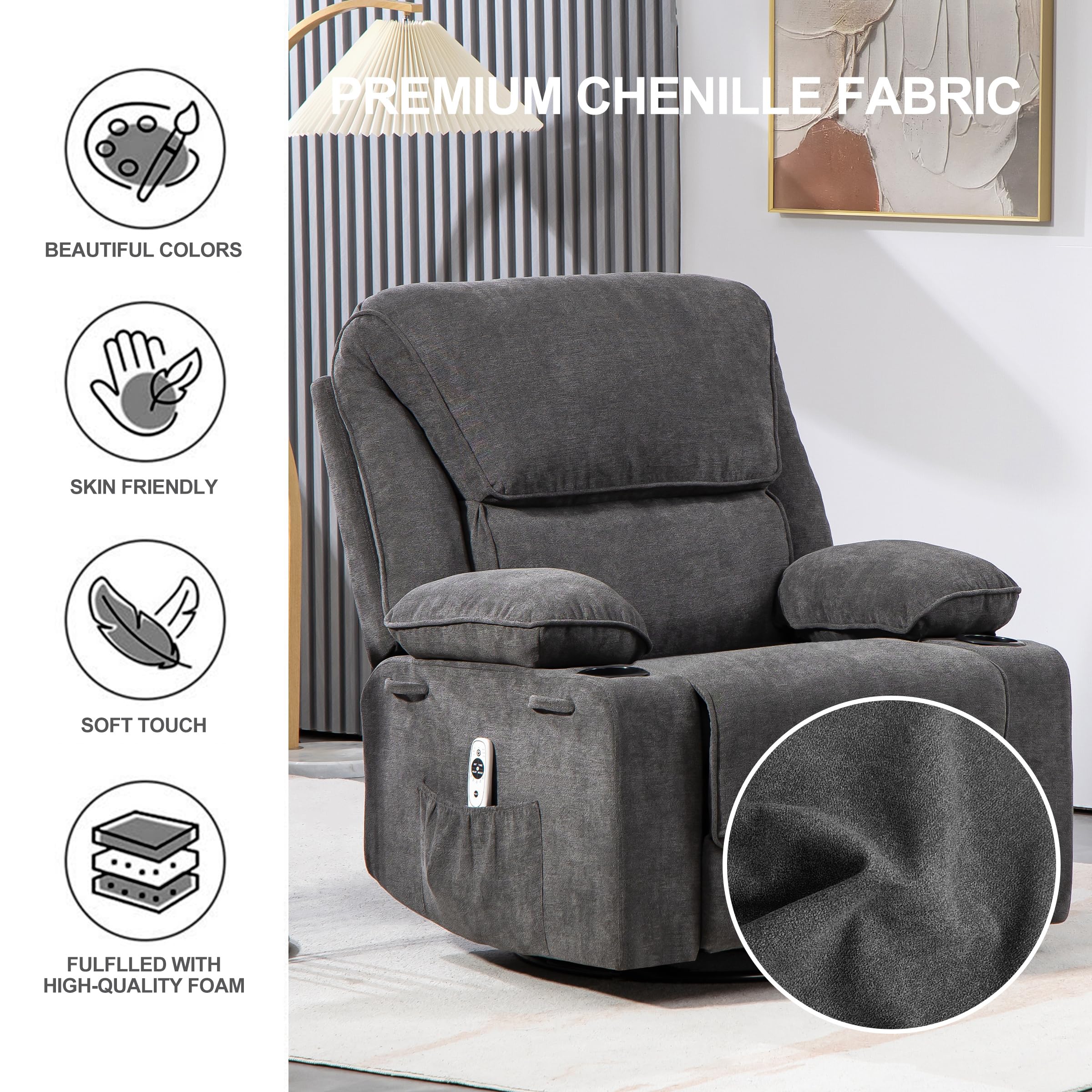Fauteuil de Relaxation Chaise massant avec Dossier Inclinable Manuellement 150° Incluse Massage en 8 Points et Fonction Chauffante,Pivotement à 360