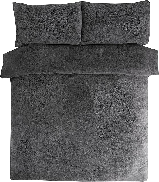 Sleepdown Teddy Fleece Duvet Cover Quilt Bedding Set with Pillow Case Thermal Warm Cosy Super Soft - Single - Charcoal