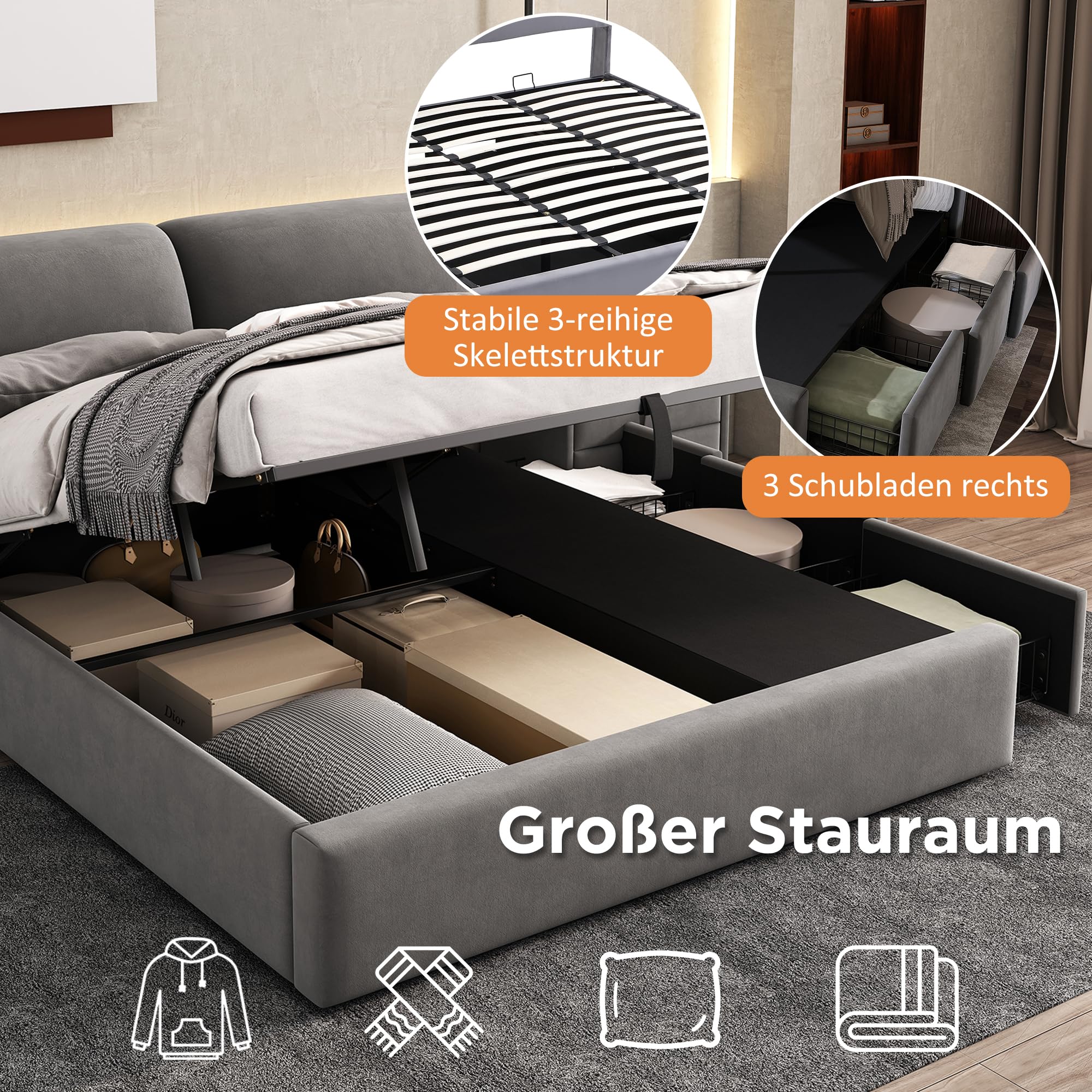 Letto Imbottito 160x200 Con USB E Prese, LED, Letto Contenitore Idraulico Matrimoniale Similpelle Nero