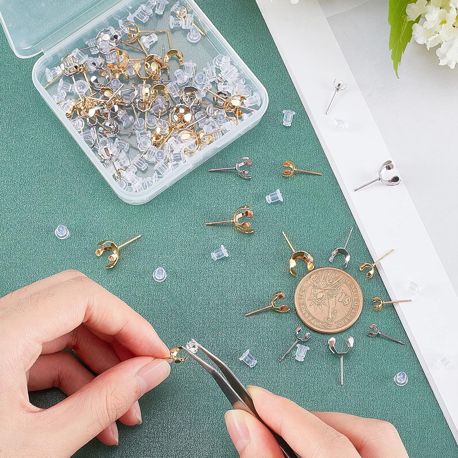 UNICRAFTALE 80pcs 2 Colors 4 Sizes Earrings Claw Prong Blank Peg Stainless Steel Earrings Set with Silicone Earrings Claw Earring Component with Silicone Ear Nuts for DIY Stud Earrings Making