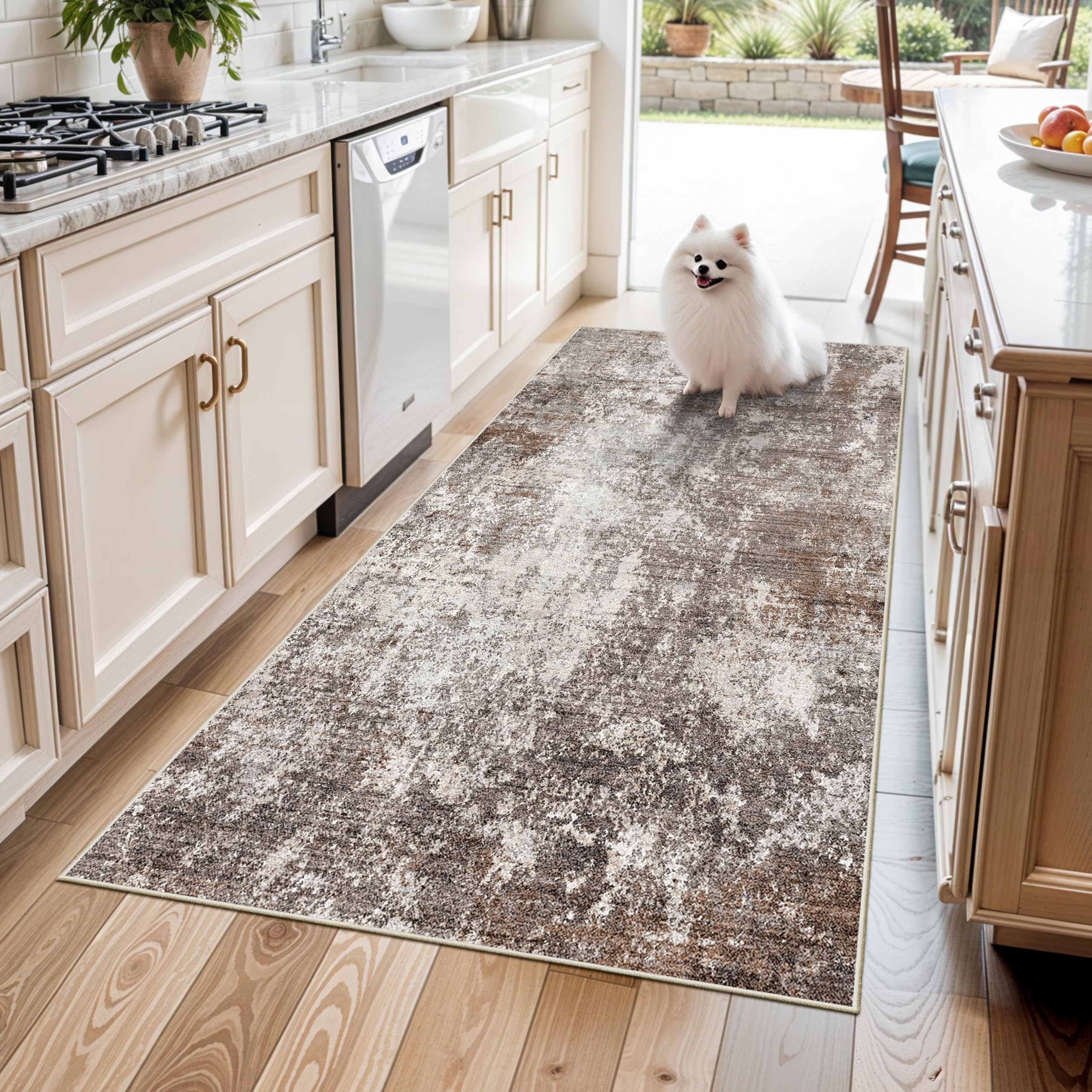 4x5 Washable Entryway Rug – Non-Slip Low Pile Throw Area Rug for Bathroom Kitchen Living Room Bedroom – Modern Abstract Neutral Soft Indoor Small Carpet (Brown Beige,4x5)