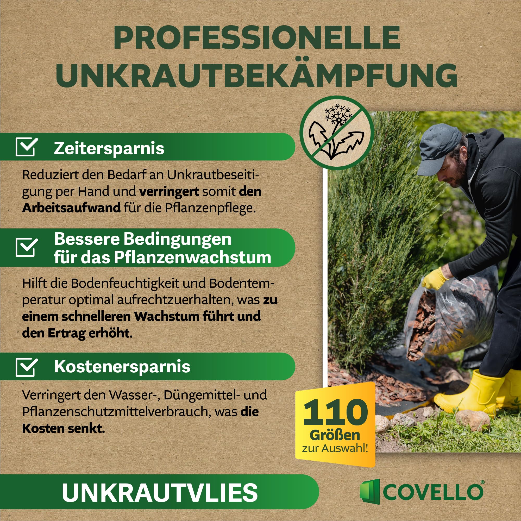 Covello Unkrautvlies 40m² Premium Line - Unkrautfolie wasserdurchlässig - Unkrautvlies für Garten - Gartenvlies gegen Unkraut hohe UV-Stabilisierung (40m x 1m) - reißfestes Unkrautvlies 50g/m²