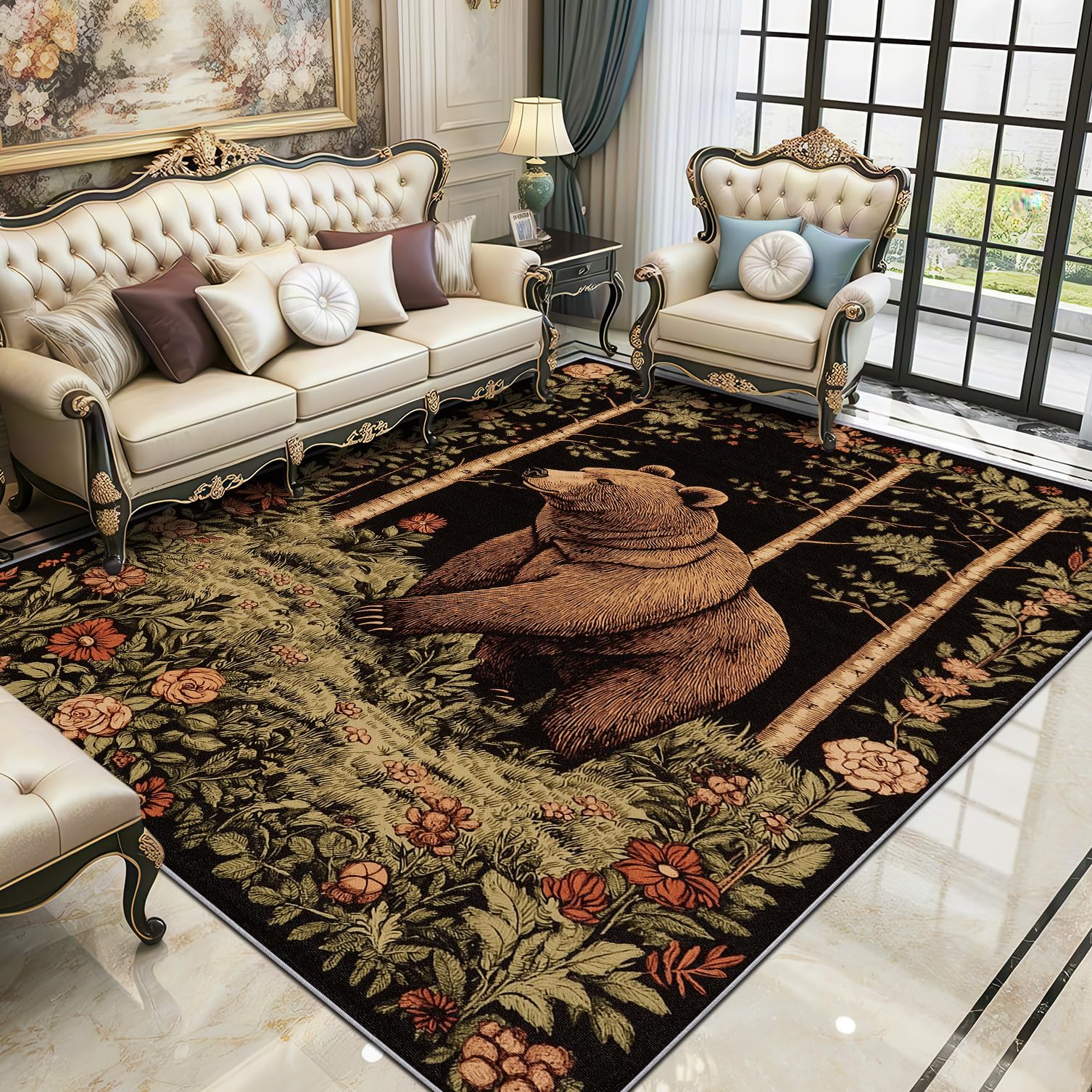 Bär Teppich 200x200 cm, Waldtiere Floral Waschbarer Teppiche Wohnzimmer, Rustikal Tierwelt rutschfest Antirutsch Groß Teppiche Für Esszimmer, Quadratisch, Braun