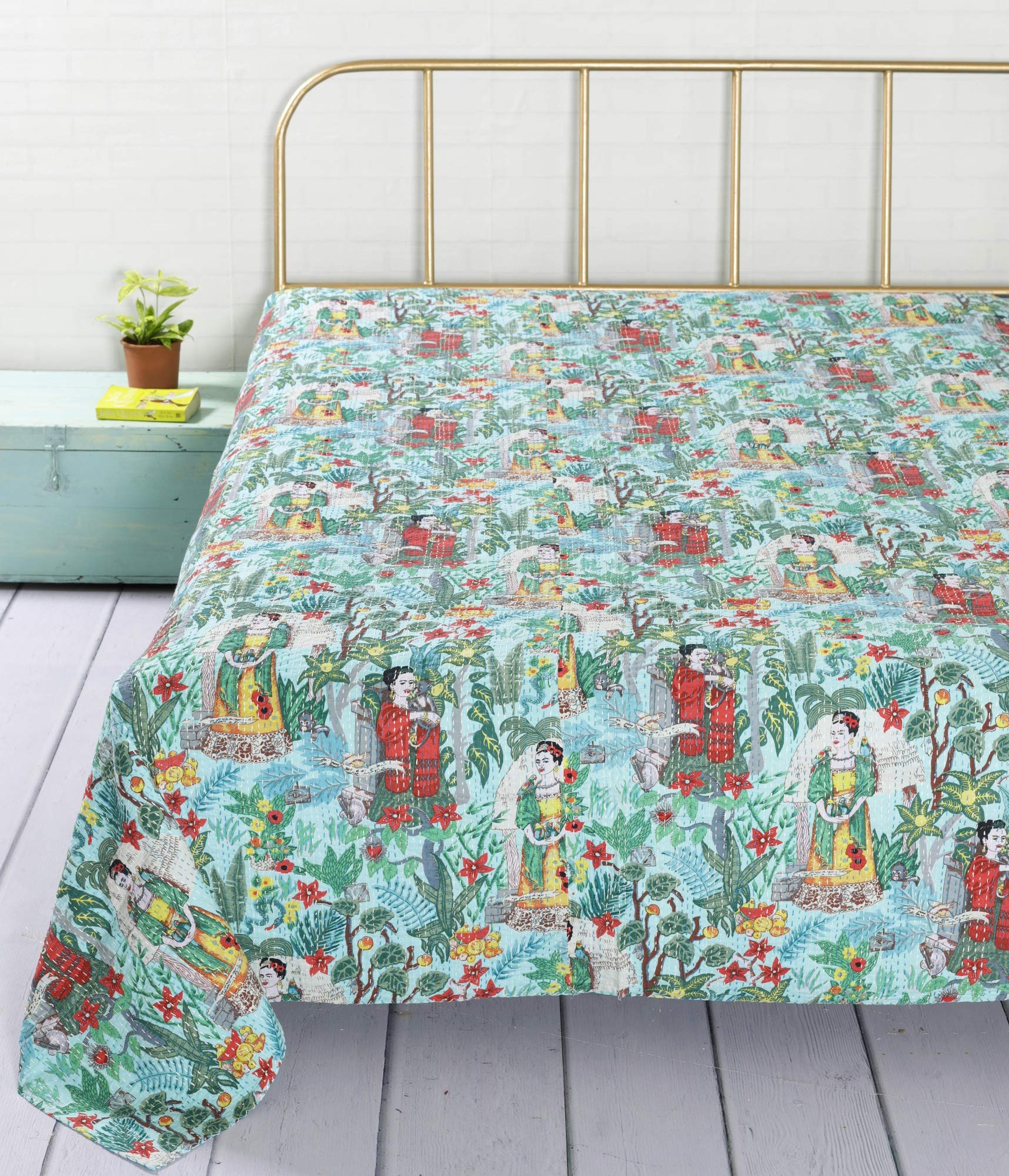 Handicraft-Palace Floral Printed Kantha Quilt Bedspread Gudari Screen Printed Cotton Bedding Quilt Double Bed Cover Decor (Turquoise)-picture-31