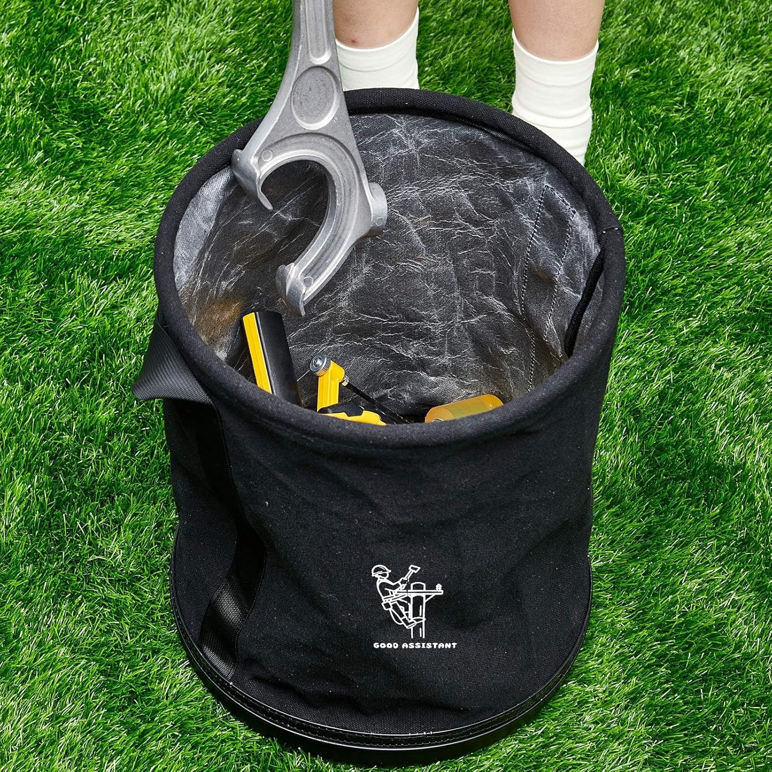 15" x 12" Canvas Tool Bucket Bag, Heavy Duty 150 Lbs Load Capacity, Truck Tool Organizer with Plastic Bottom Metal Hook for Linemen Electricians & Construction Workers