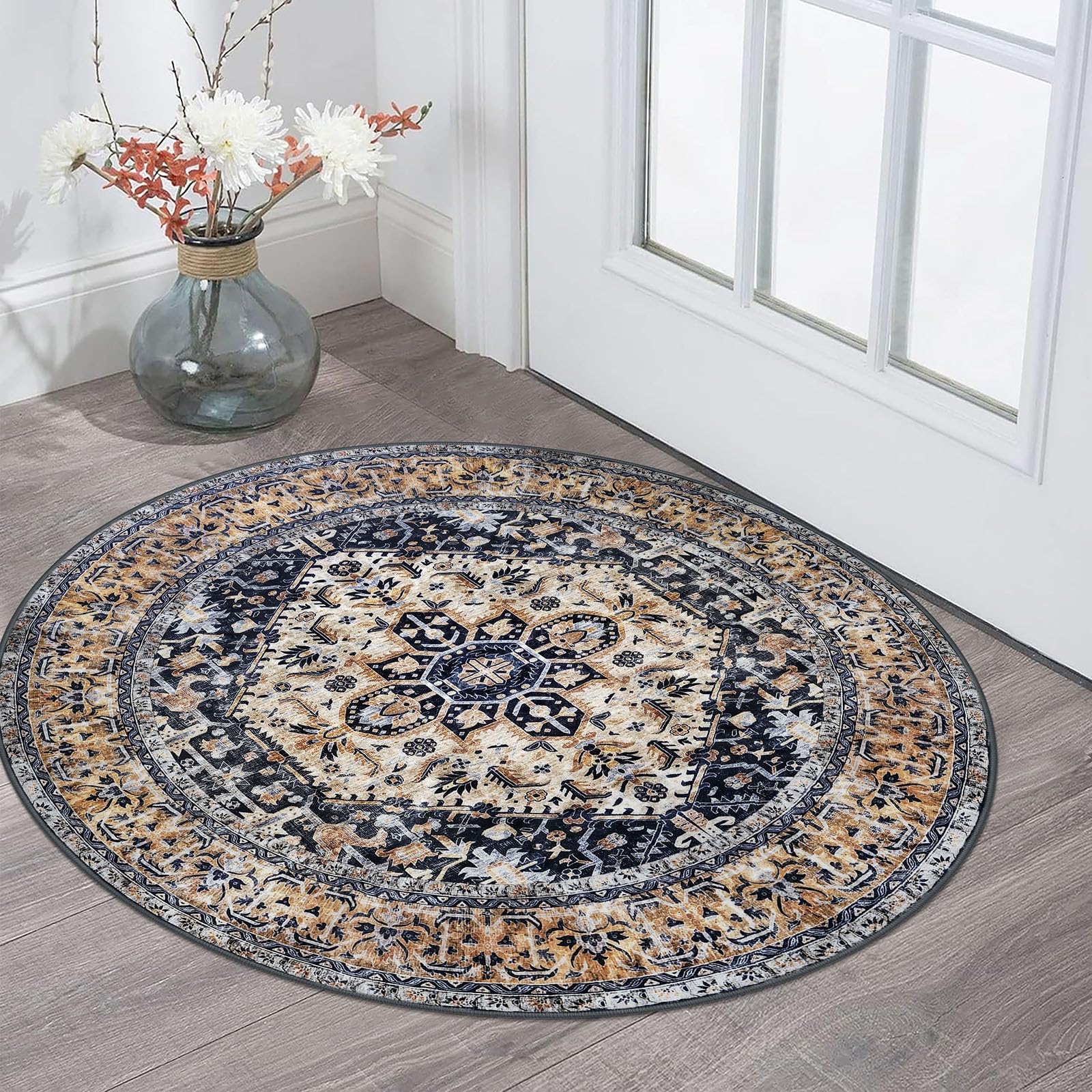 KOZYFLY Boho Round Rug 3 Ft Washable Non-Slip Doormat Gold Navy Printed Faux Wool Vintage Floor Carpet for Entryway, Entrance, Bedroom — image 1