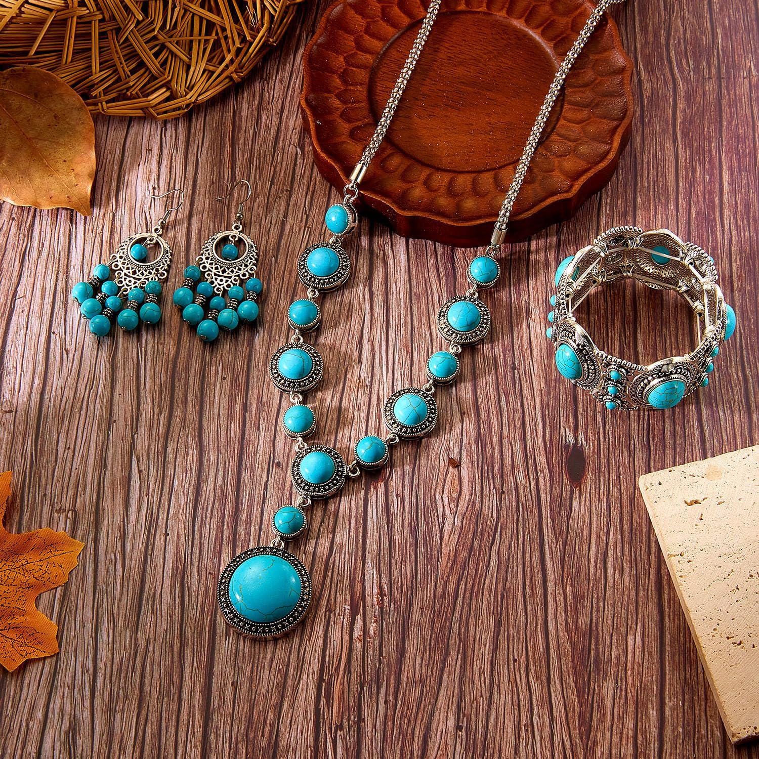 RINHOO FRIENDSHIP Bohemian Western Turquoise Jewelry Set for Women - 3 PCS Vintage Necklace Earrings Bracelet (Assorted Colors & Shapes) Cowgirl Country Concert Accessories Gift - Image 5