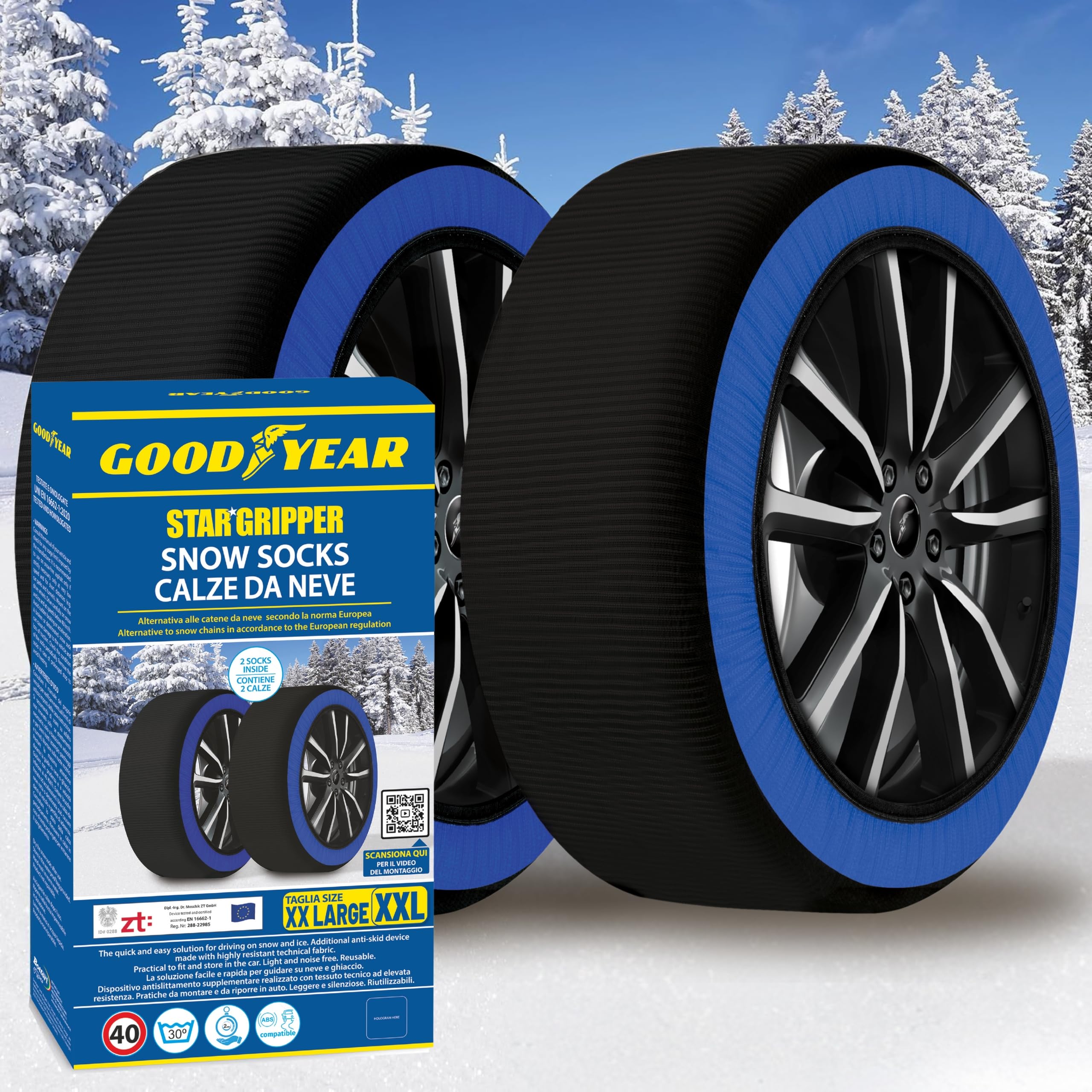 Goodyear Calze da Neve Star Gripper Omologate Italia EN 16662-1:2020 Due Catene da Neve in Tessuto per Auto, Snow Sock Taglia XXL, per R15 - R22 (Misure per Pneumatici Dettagliate all'Interno)