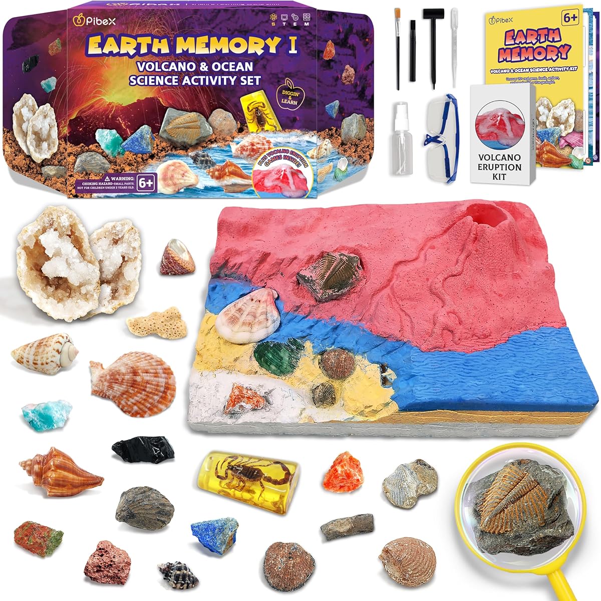 Volcano & Ocean Fossil Dig Kit, Dig up 20+ Real Fossils, Rocks, Shells & Sea Snails with Eruption Experiments, Earth Science Geology Kit for Kids, STEM Toy Gift for Boys & Girls Age 6-8-12