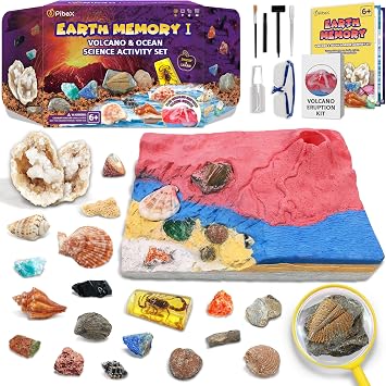 PIBEX Volcano & Ocean Dig Kit, 20+ Real Fossils, Rocks, Shells & Geode