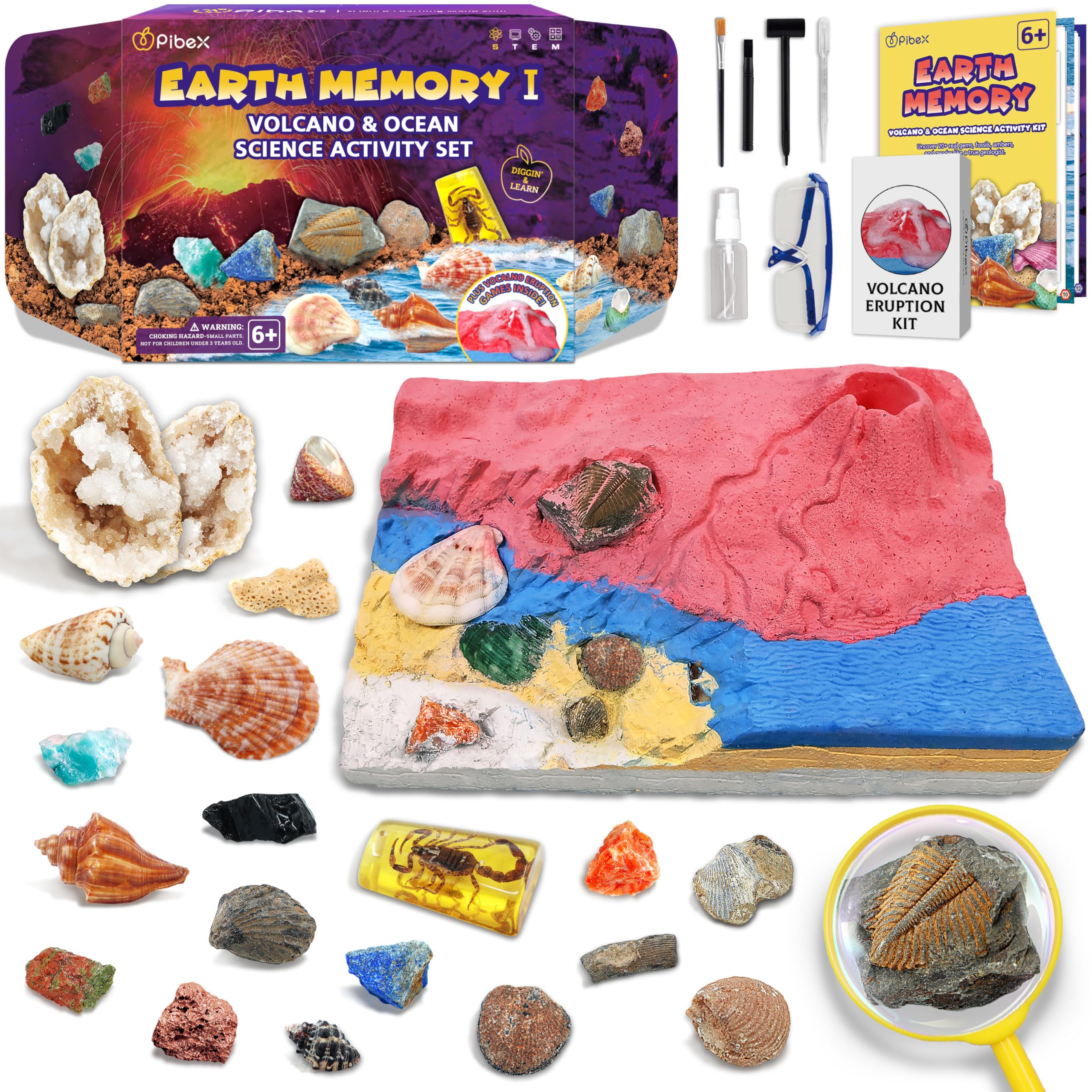 PIBEX Fossil & Gem Excavation Kit with Volcano Experiment - Over 20 Genuine Fossil Rocks, Seashells Earth Science Marine Biology STEM Toy for Children 6+