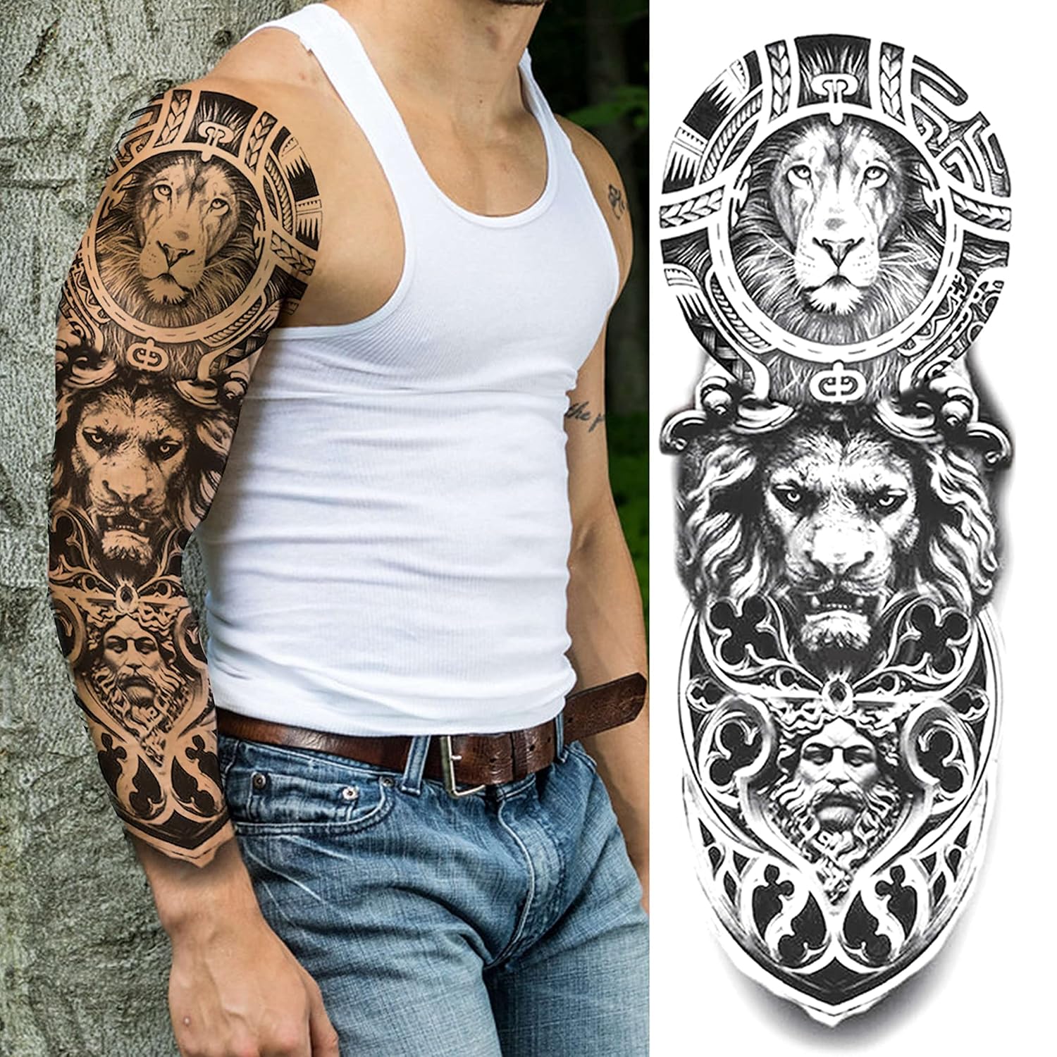 VANTATY 8 Sheets Extra Large 3D Realistic Animals Full Arm Temporary Tattoos For Men Women Fake Arm Sleeve Tattoo Maori Wolf Stickers Sexy Fox Tiger Flower Big Leg Tatoos Adults Gangster Girl Kid Lion