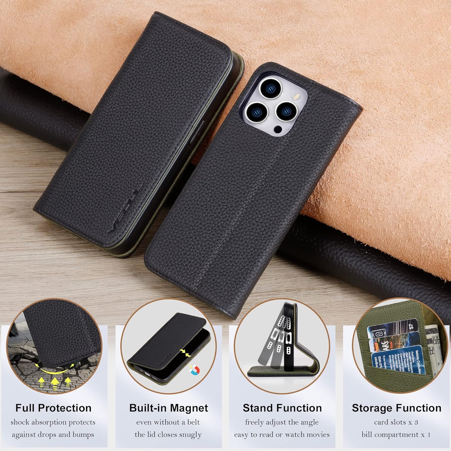 VISOUL Pebbled Real Leather Case for iPhone 15 Pro Wallet Case with Card Holder, Magnetic Kickstand Flip Folio Cover Compatible with iPhone 15 Pro(6.1-inch) (Black+Green)
