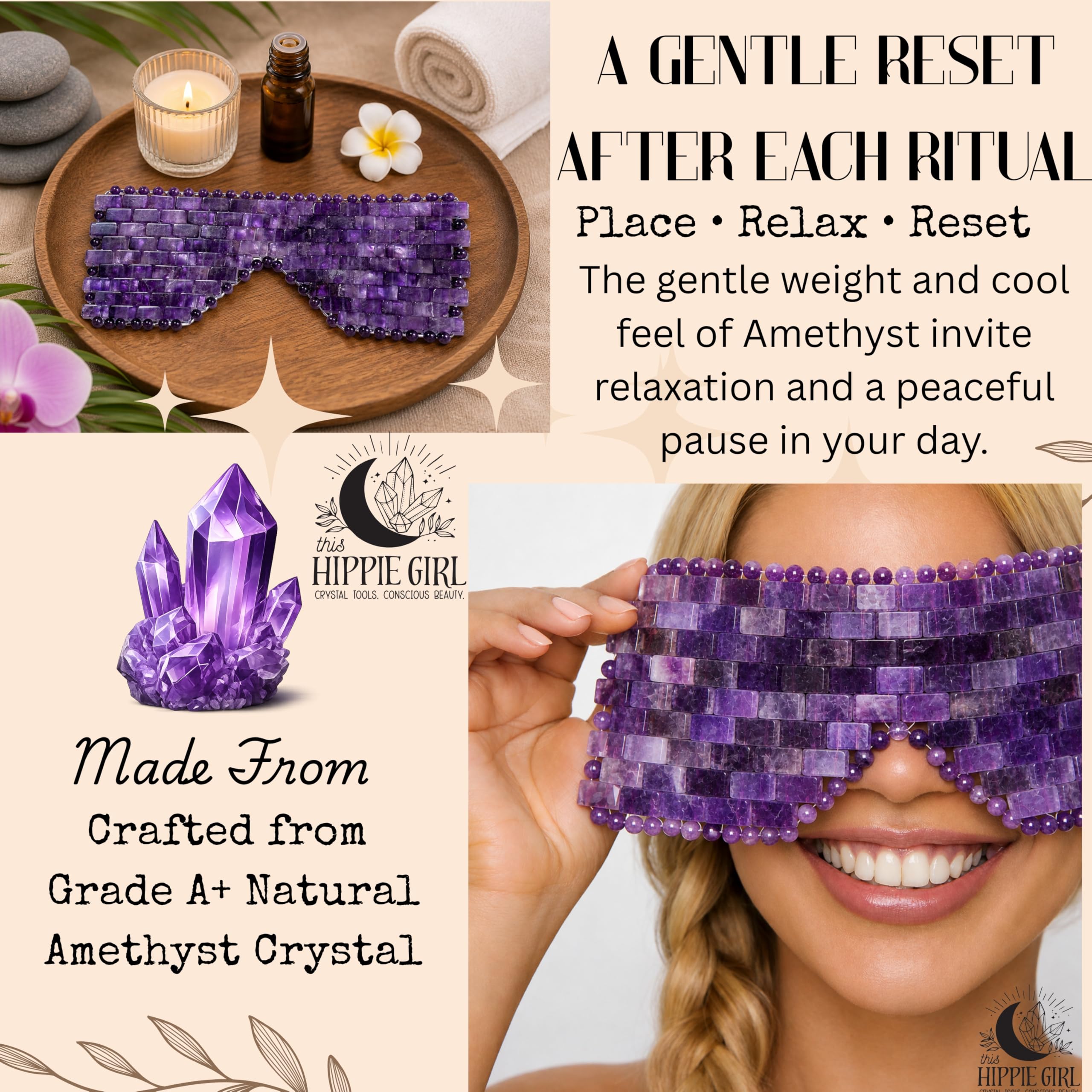 This Hippie Girl Masque pour les yeux en améthyste – Masque facial en cristal naturel pour les poches, les cernes et le soulagement de la tension. Pierre spa rafraîchissante pour la