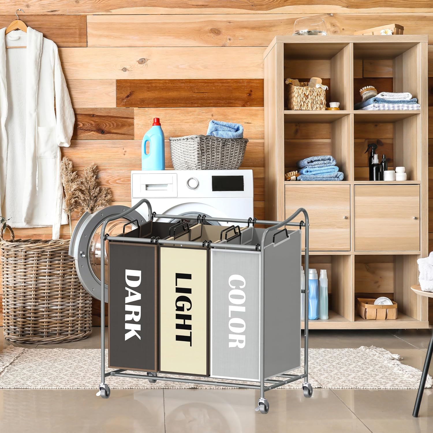 Heavy Duty Silver 3-Bag Laundry Sorter with Rolling Cart
