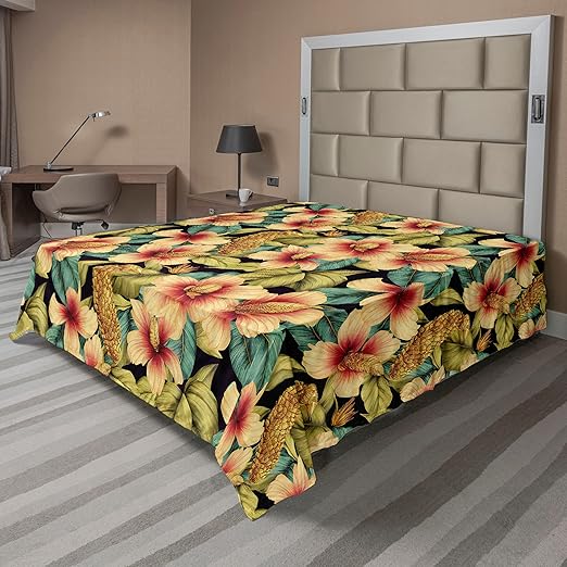 Ambesonne Hawaiian Flat Sheet, Vintage Tropical Pattern of